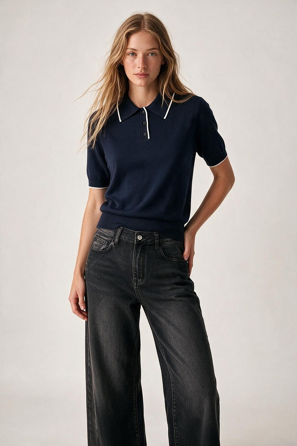 Navy Fine Knit Contrast Collar sweater with Polo neckline with Button - Polos