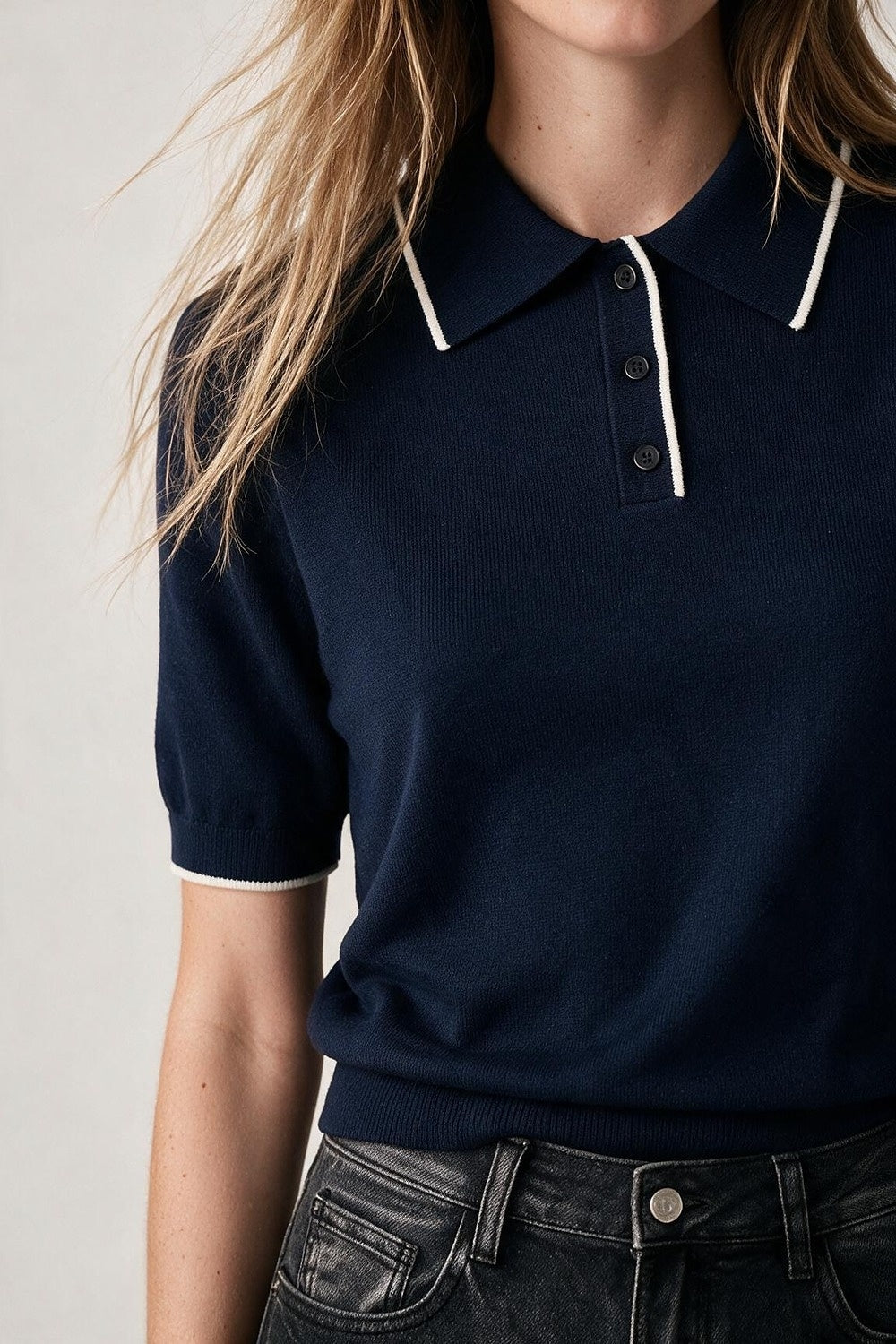 Navy Fine Knit Contrast Collar sweater with Polo neckline with Button - Polos