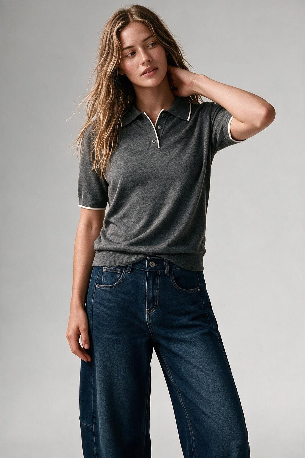 Grey Fine Knit Contrast Trim Short Sleeve sweater with Polo neckline - Polos