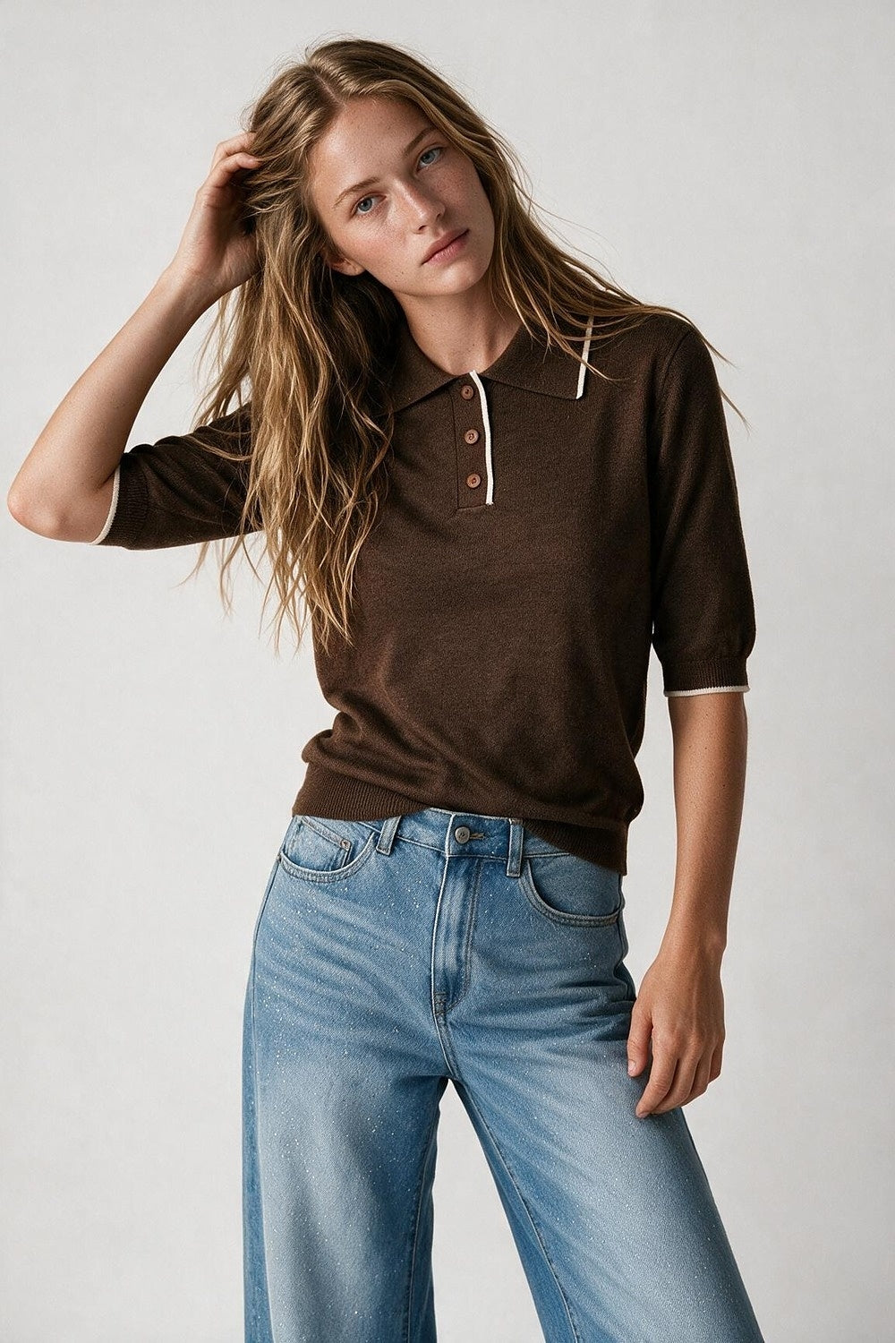Brown Fine Knit Contrast Trim sweater with Polo Collar