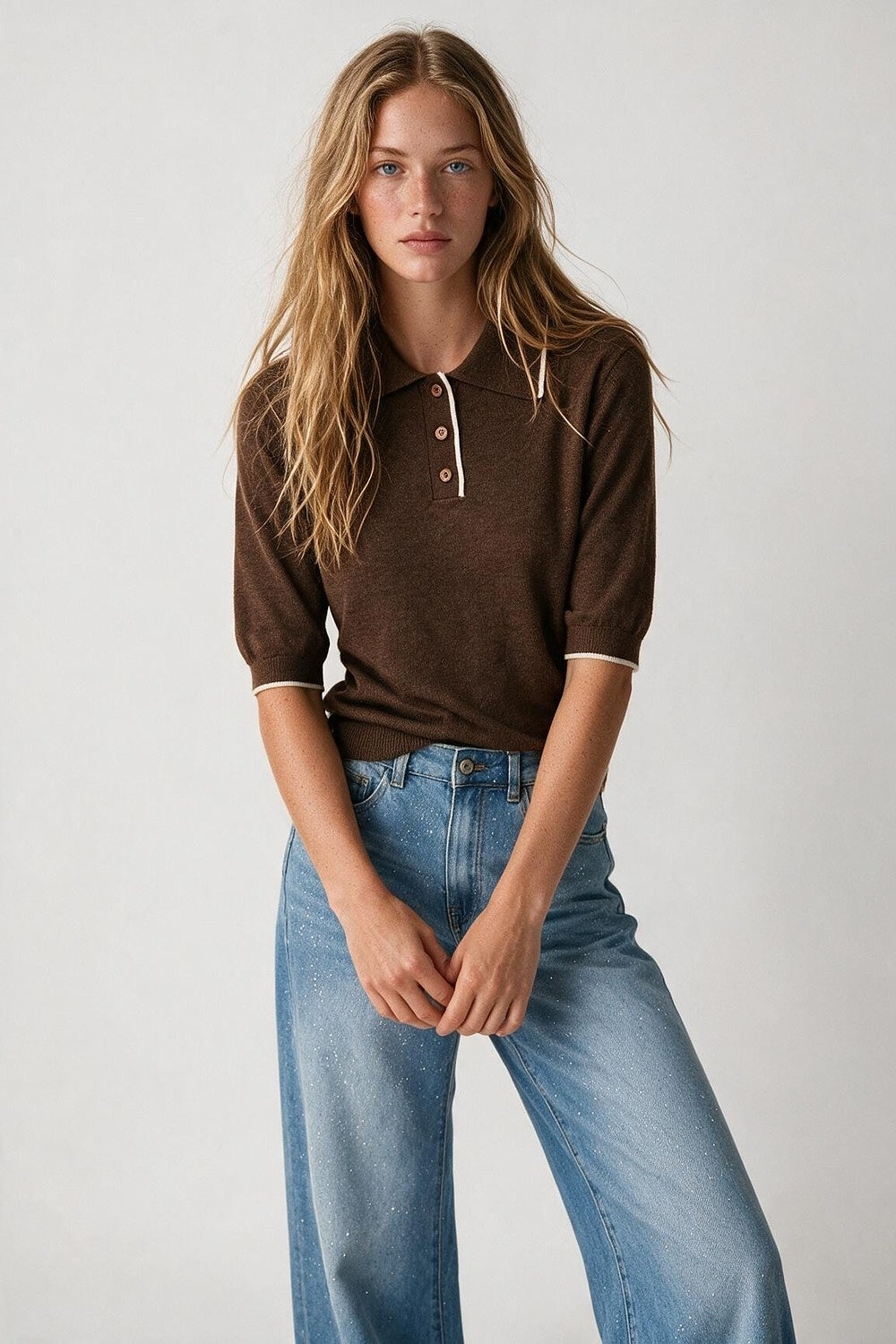 Brown Fine Knit Contrast Trim sweater with Polo Collar - Polos