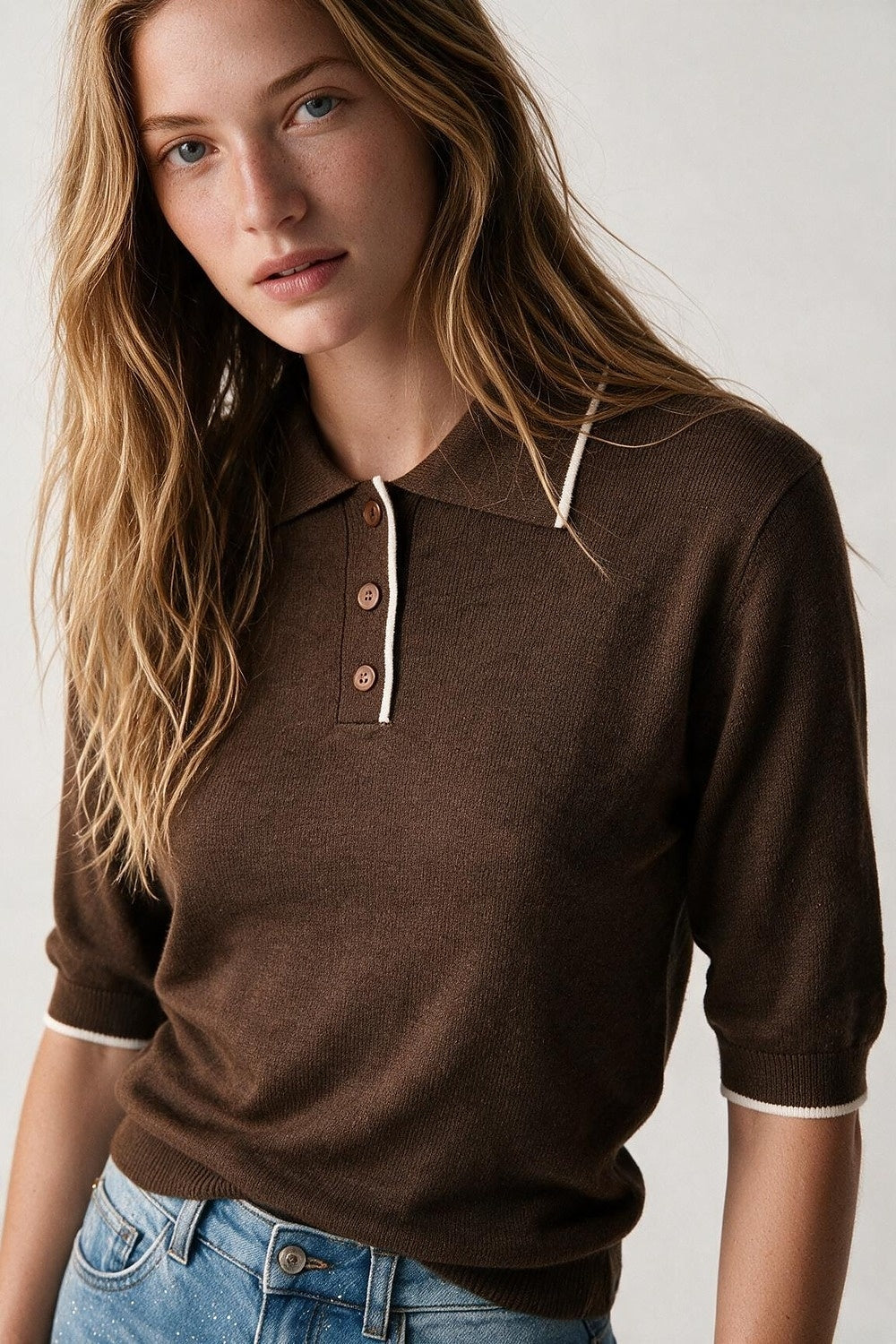 Brown Fine Knit Contrast Trim sweater with Polo Collar - Polos