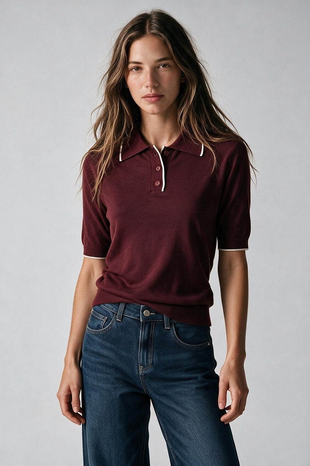 Burgundy Fine Knit Contrast Trim Short Sleeve Polo - Polos