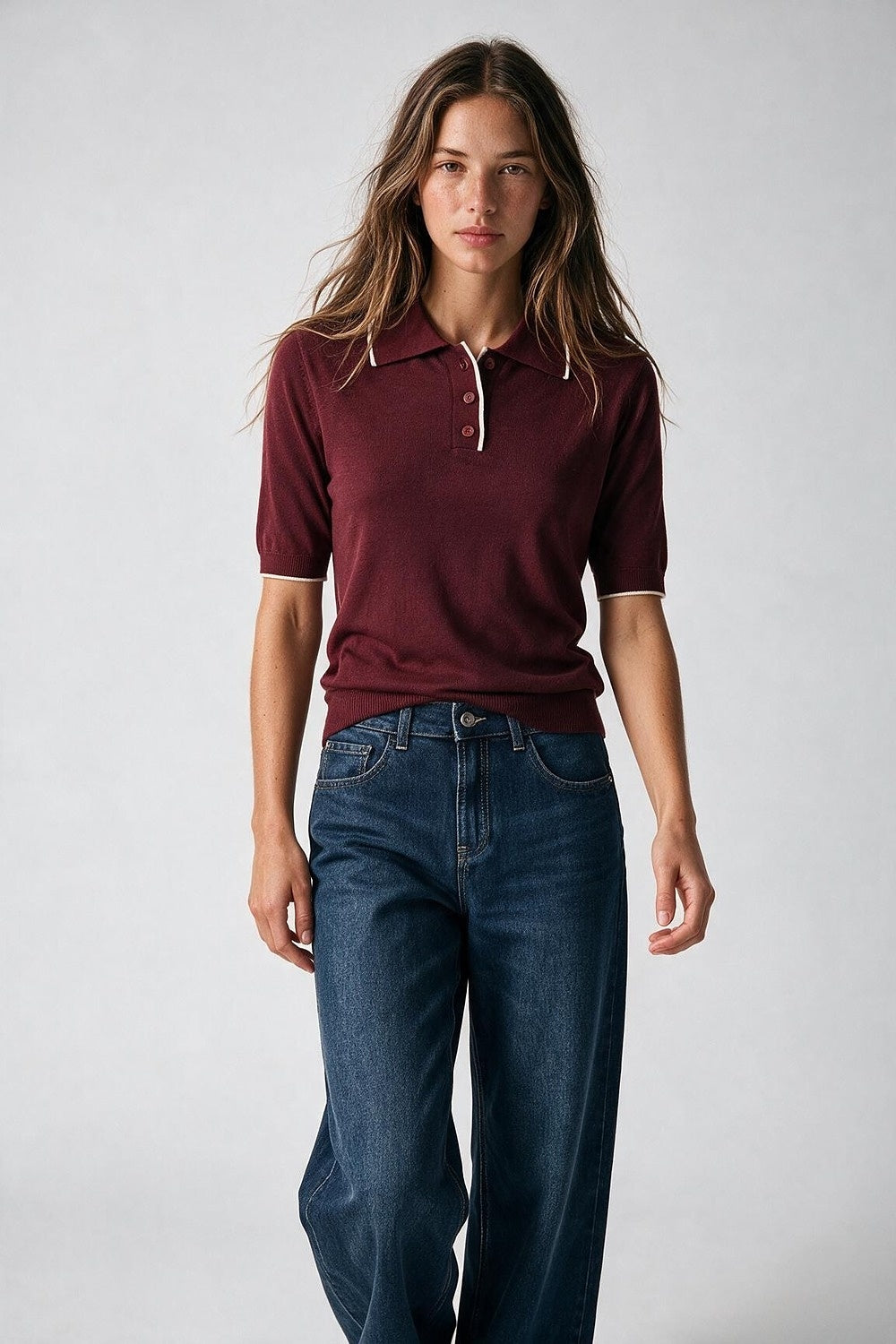 Burgundy Fine Knit Contrast Trim Short Sleeve Polo - Polos