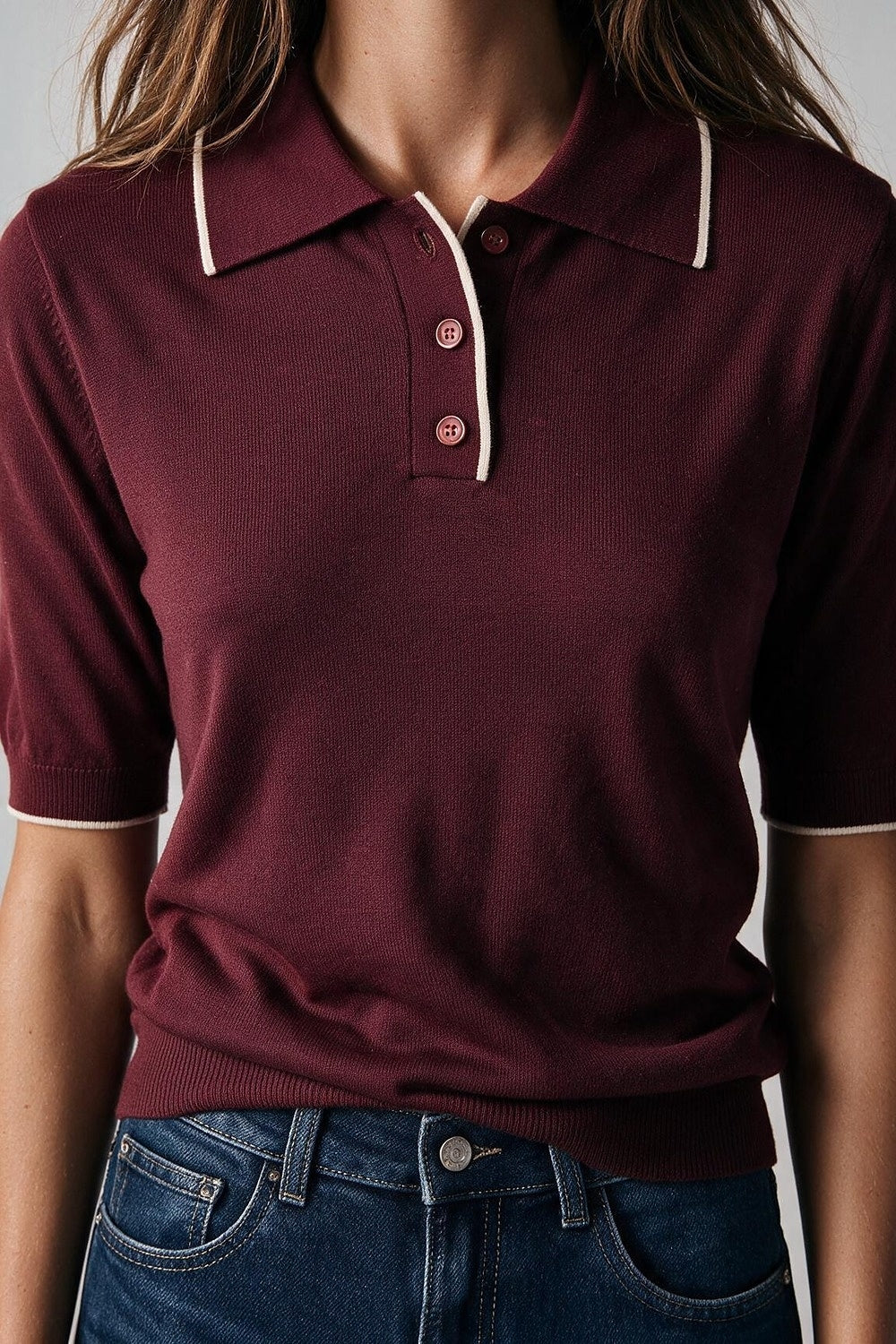Burgundy Fine Knit Contrast Trim Short Sleeve Polo - Polos