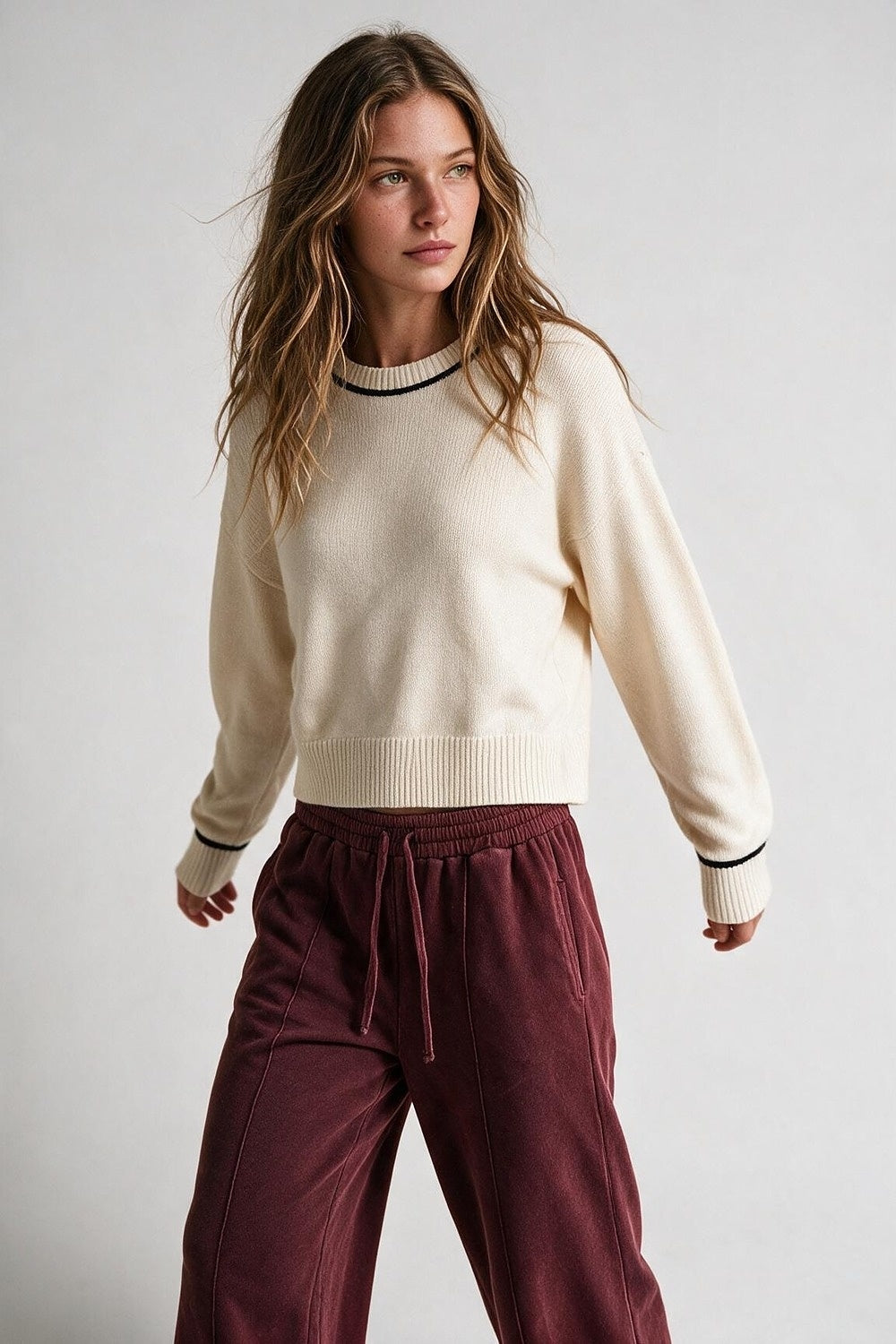 Cream chunky Knit Contrast Trim Cropped Crew Neck Sweater - Jumpers