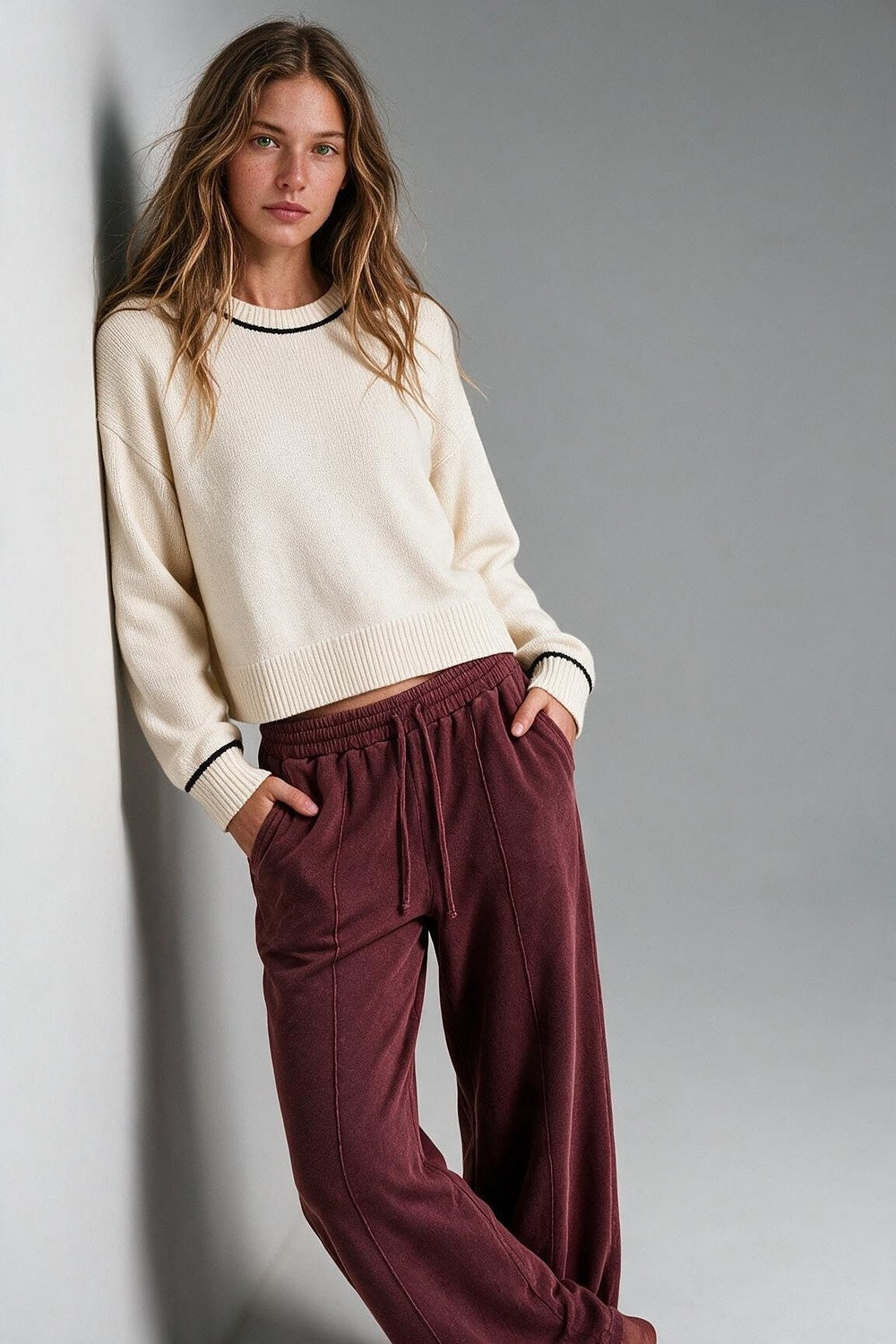 Cream chunky Knit Contrast Trim Cropped Crew Neck Sweater - Jumpers