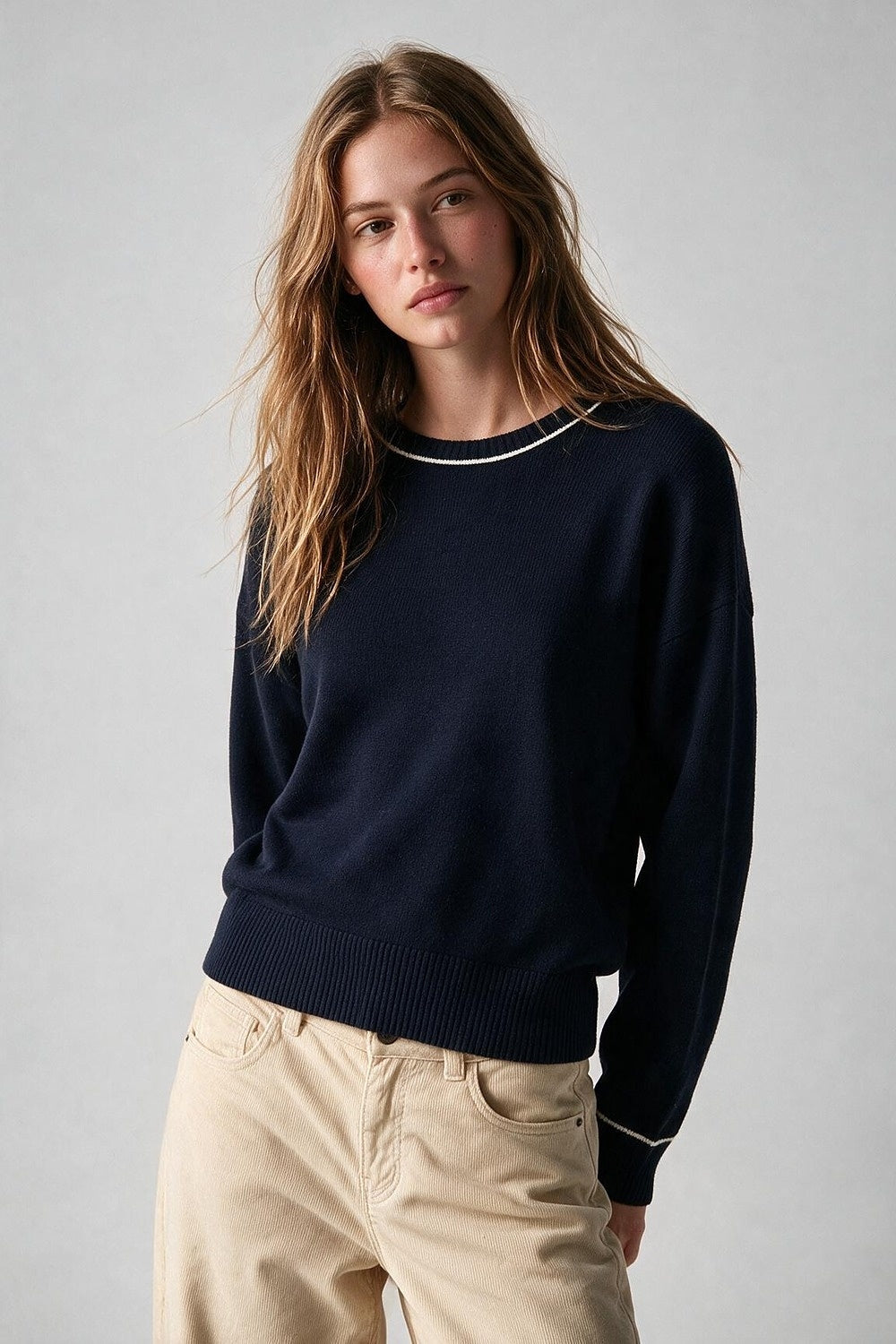 Navy warm Knit Contrast Trim Crew Neck Sweater - Jumpers