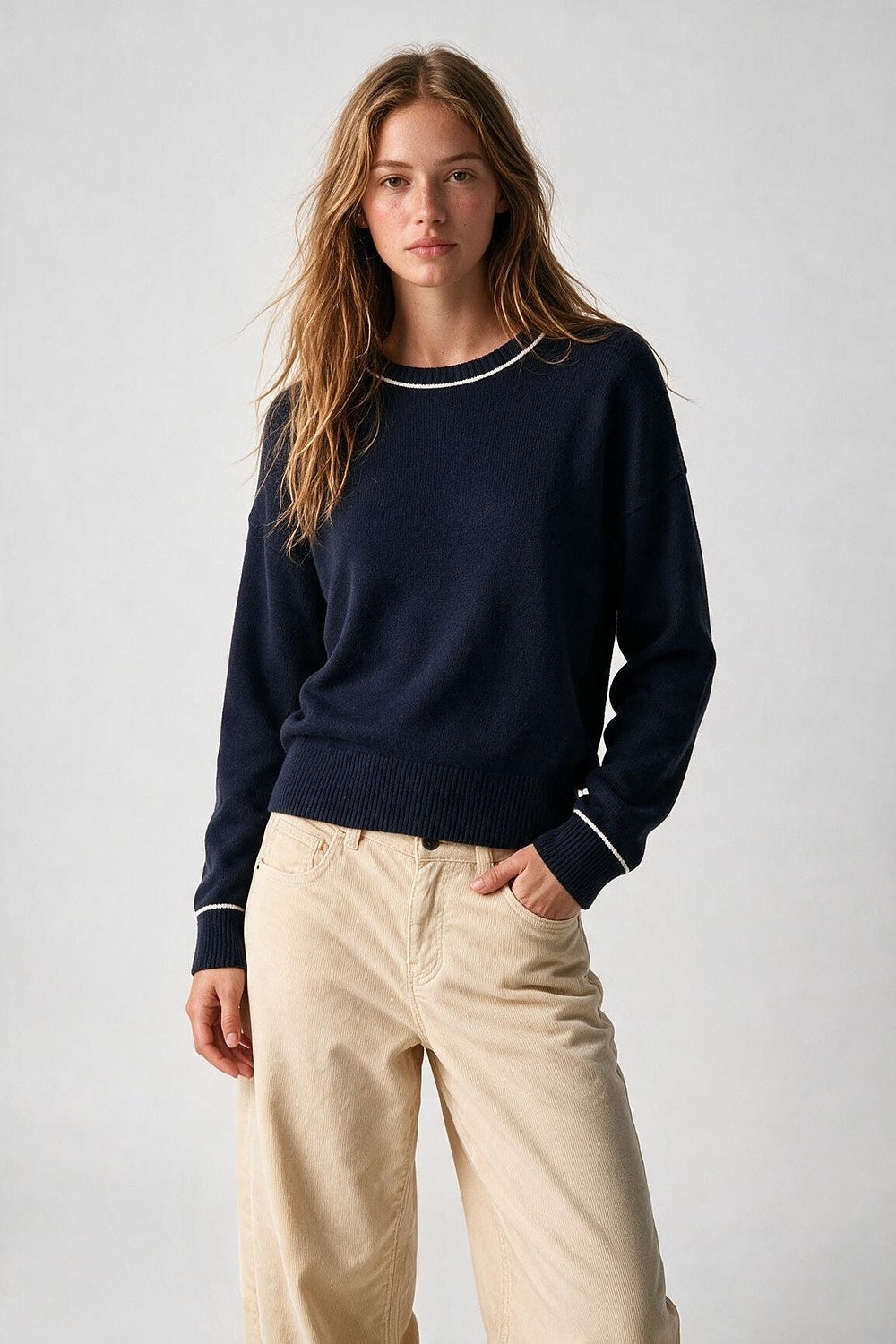 Navy warm Knit Contrast Trim Crew Neck Sweater - Jumpers