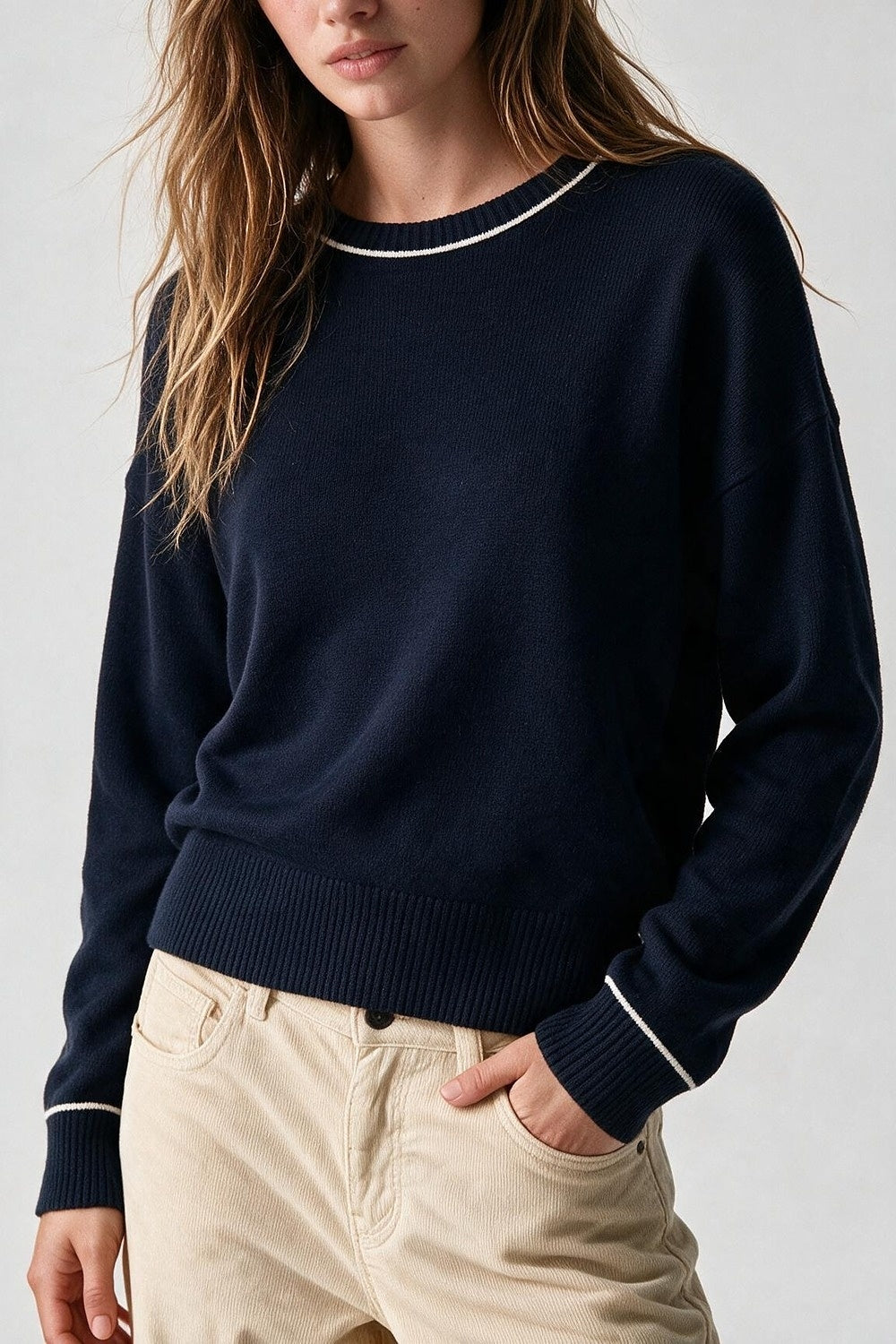 Navy warm Knit Contrast Trim Crew Neck Sweater - Jumpers