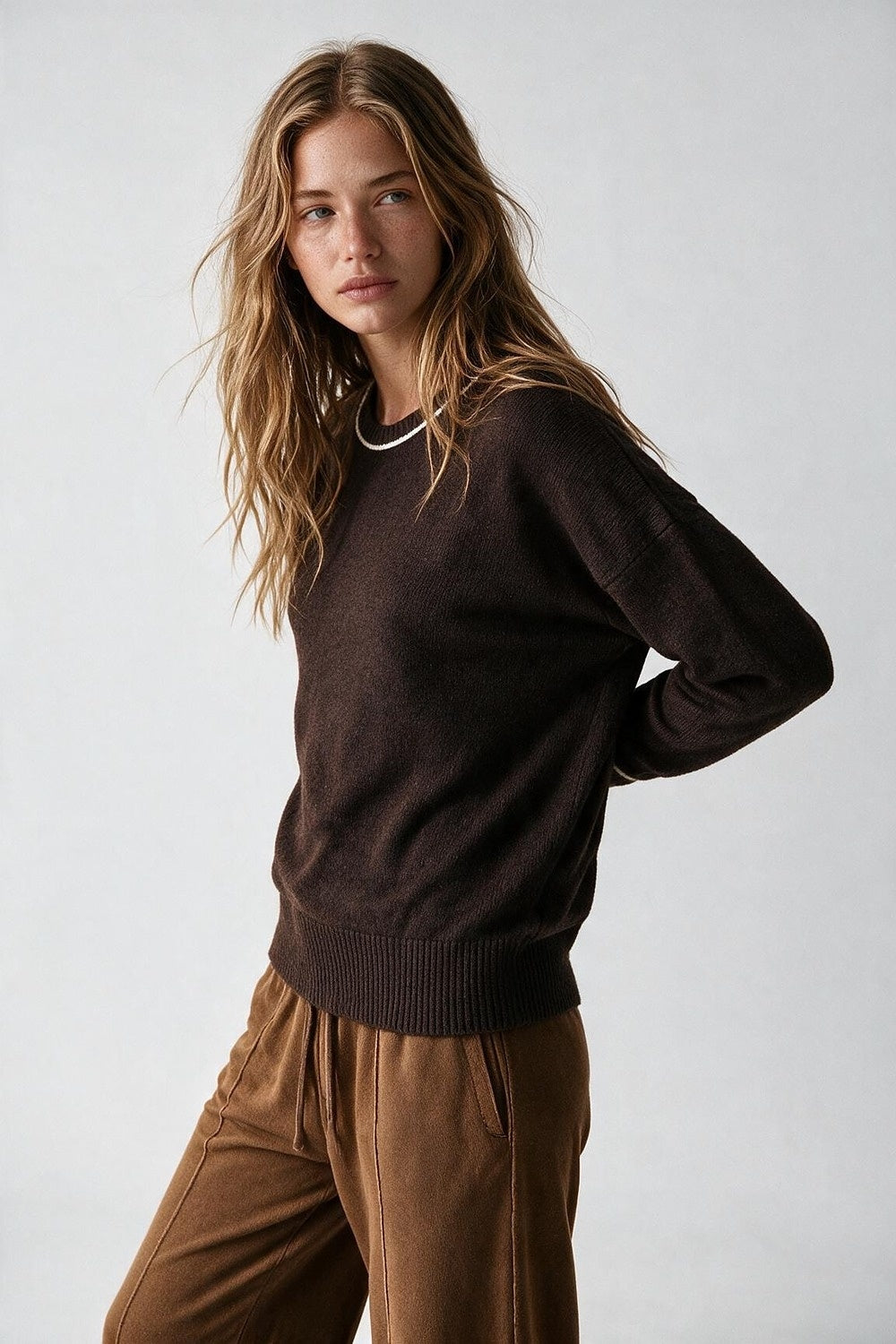 Brown warm Knit Contrast Trim Crew Neck Sweater - Jumpers