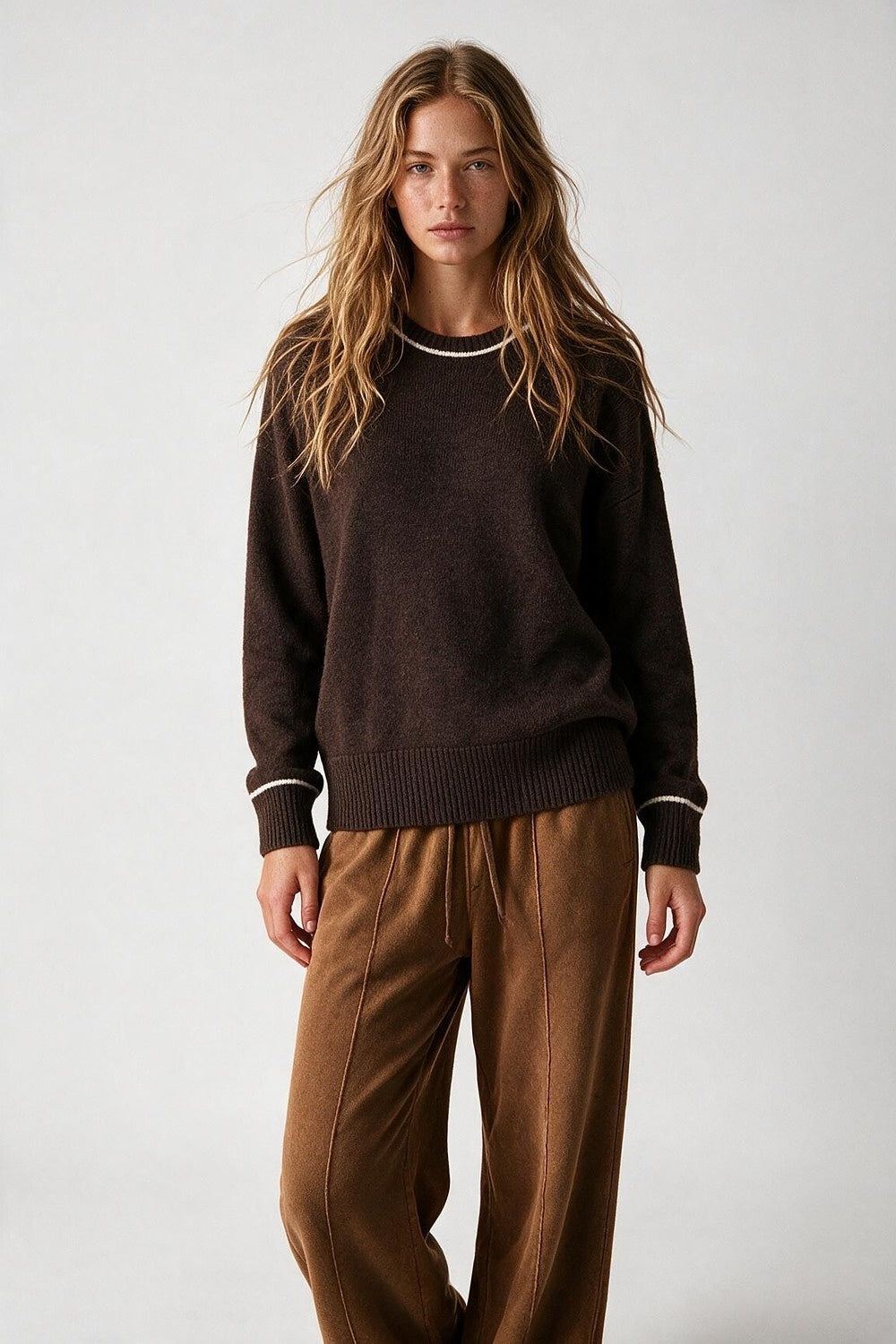 Brown warm Knit Contrast Trim Crew Neck Sweater - Jumpers
