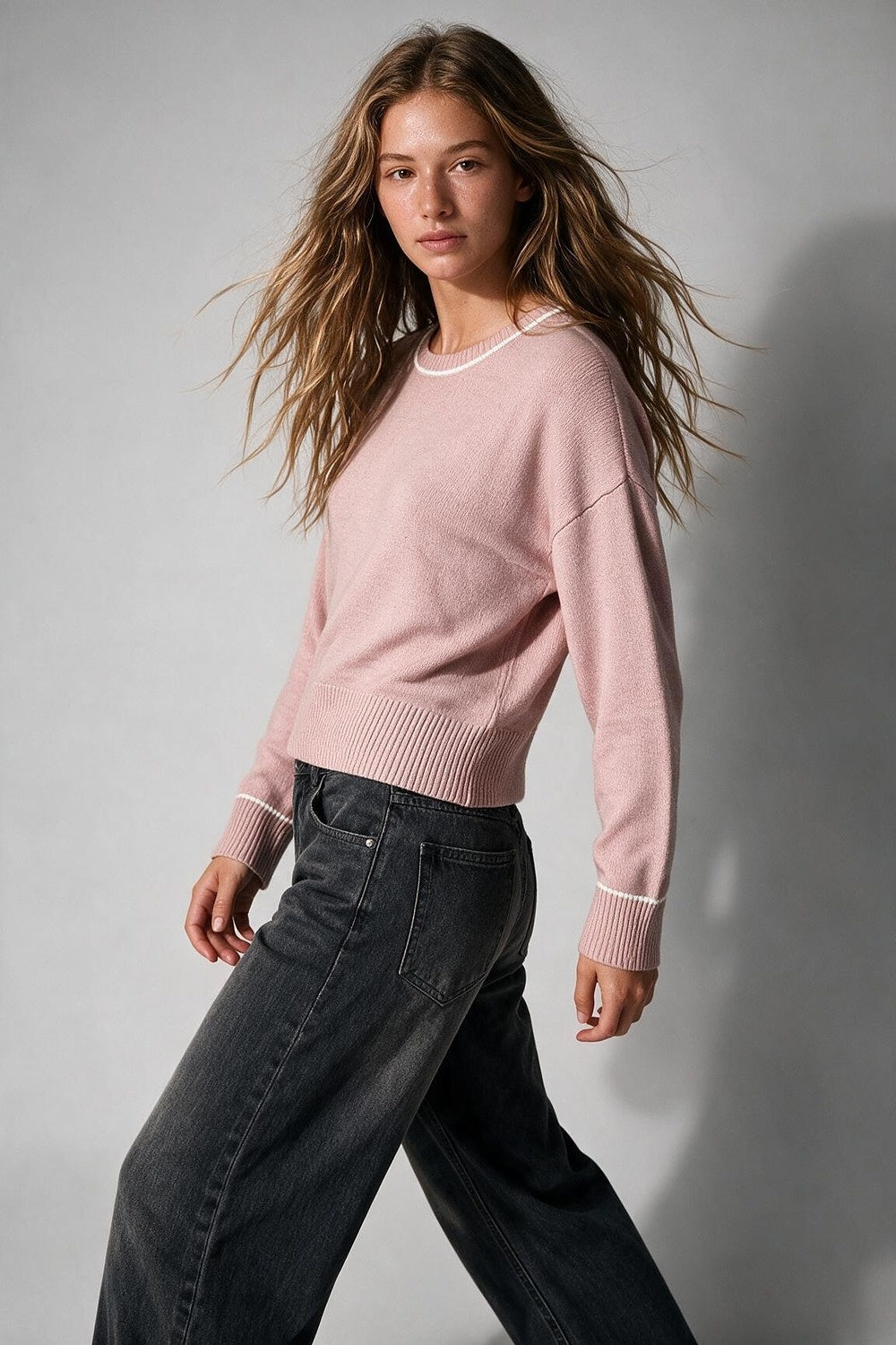 Pink chunky Knit White Trim Cropped Regular Fit Sweater Top - Jumpers
