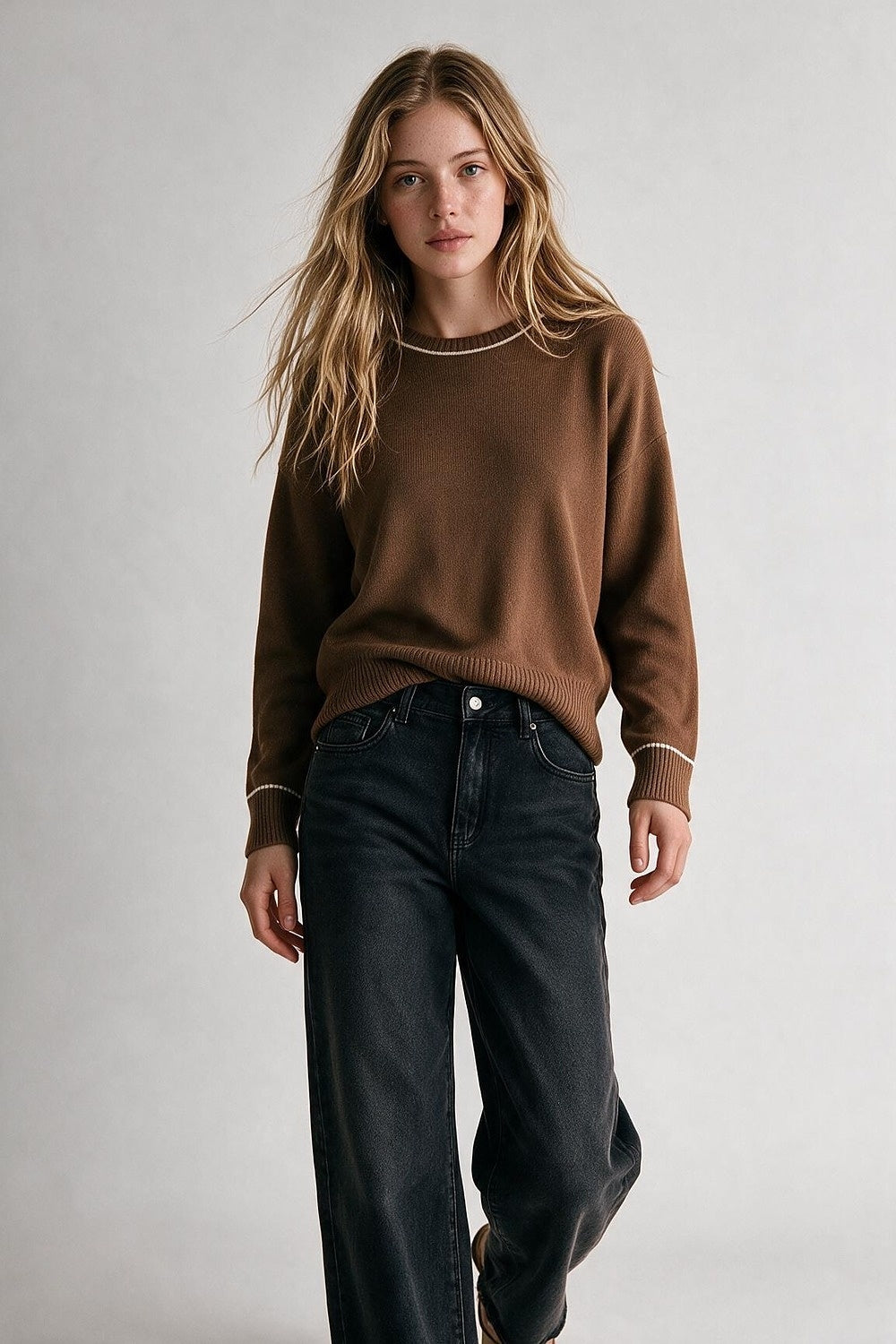 Camel warm Knit Contrast Trim Crew Neck Sweater - Jumpers