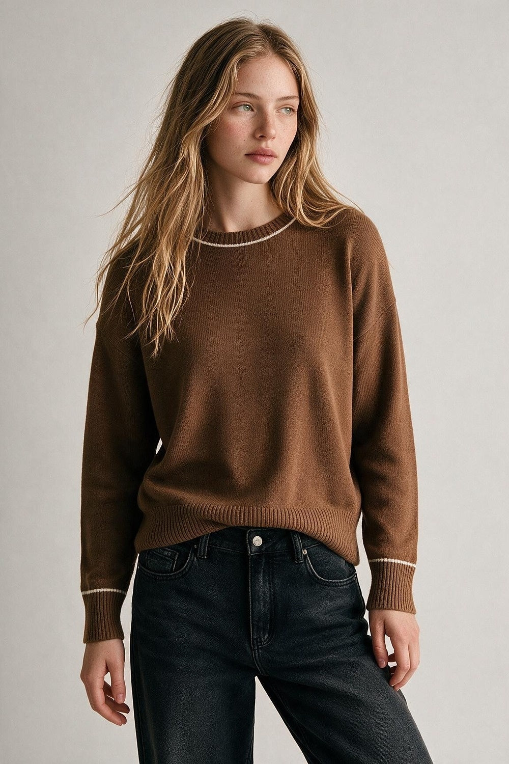 Camel warm Knit Contrast Trim Crew Neck Sweater