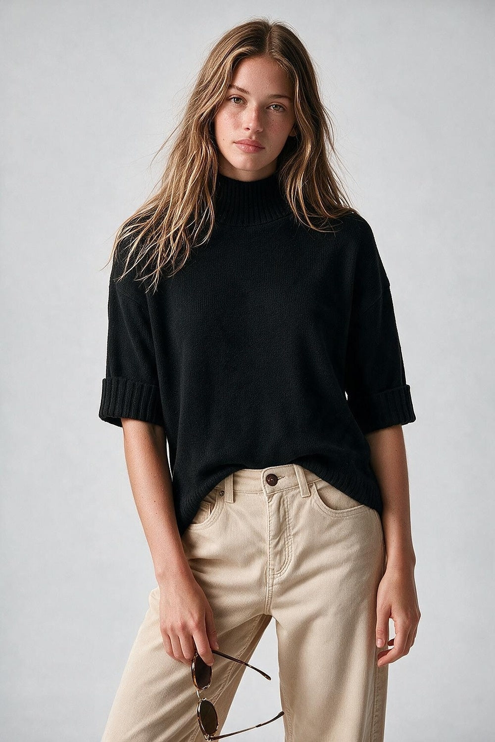 Black warm Ribbed Knit High Collar Relaxed Fit Sweater with elbow-length sleeve - Jumpers