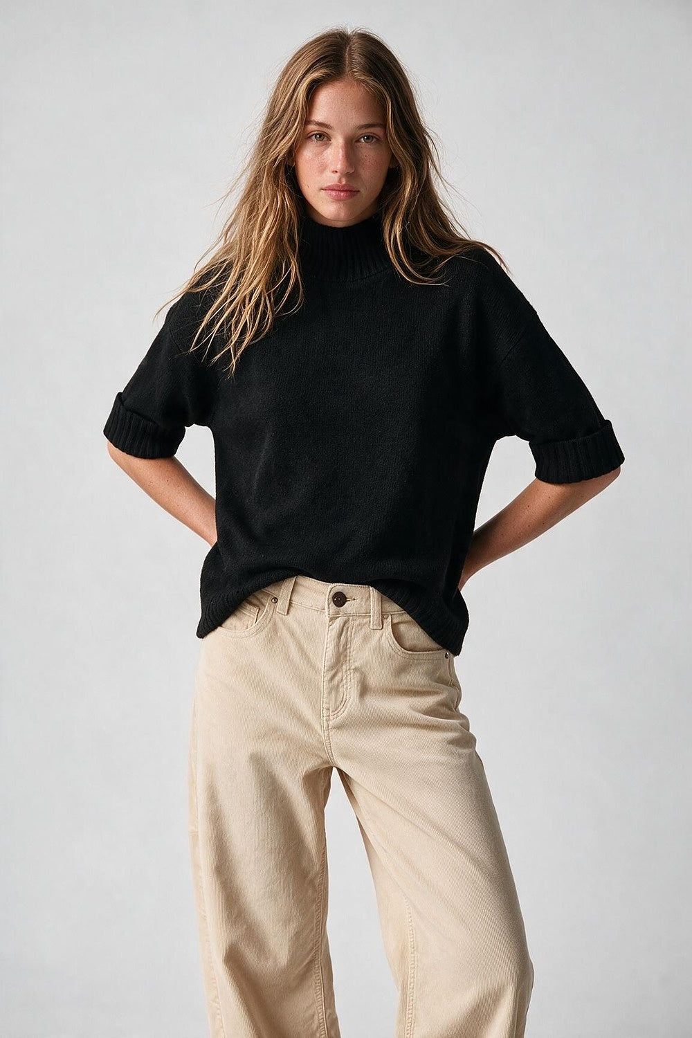 Black warm Ribbed Knit High Collar Relaxed Fit Sweater with elbow-length sleeve - Jumpers