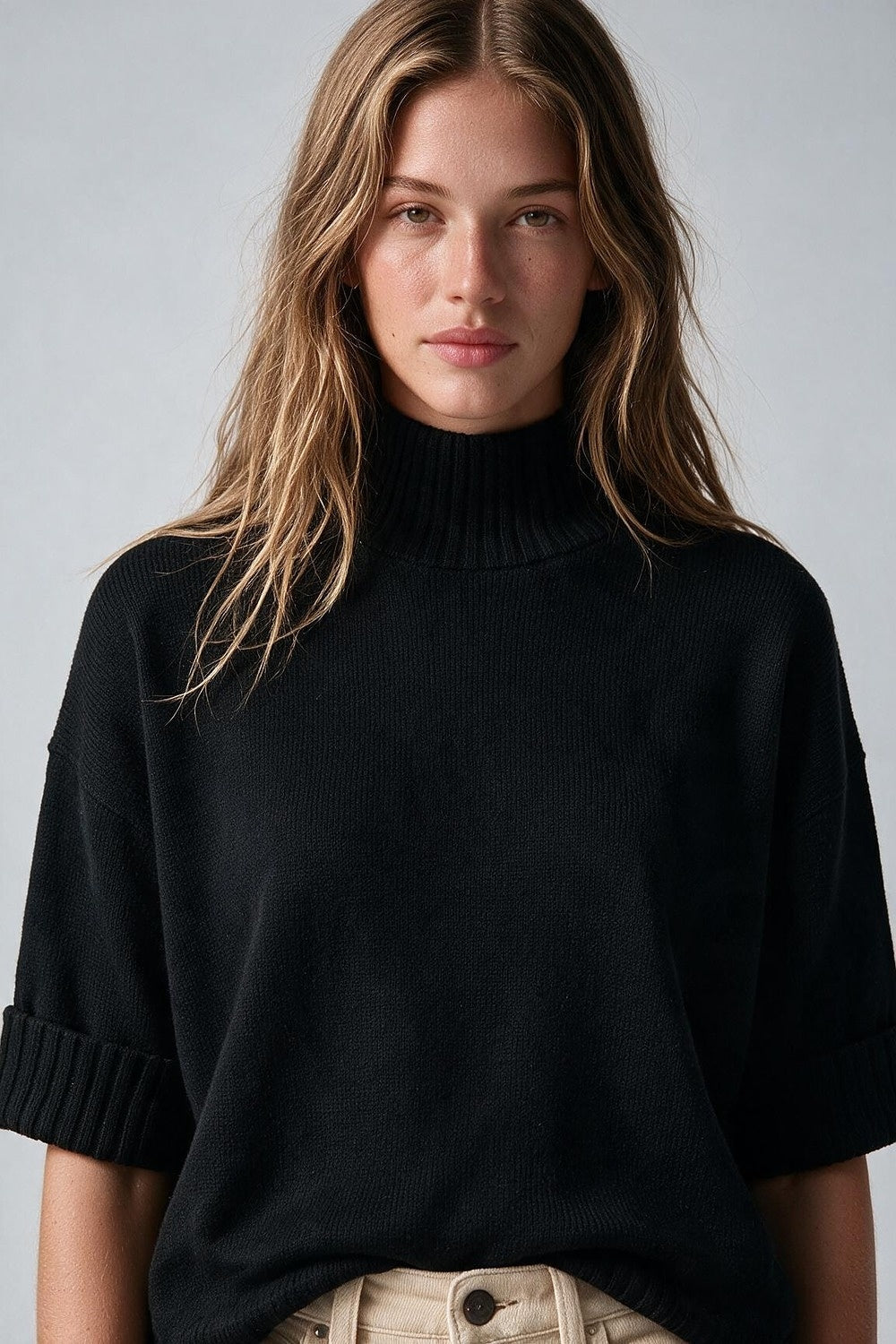 Black warm Ribbed Knit High Collar Relaxed Fit Sweater with elbow-length sleeve - Jumpers