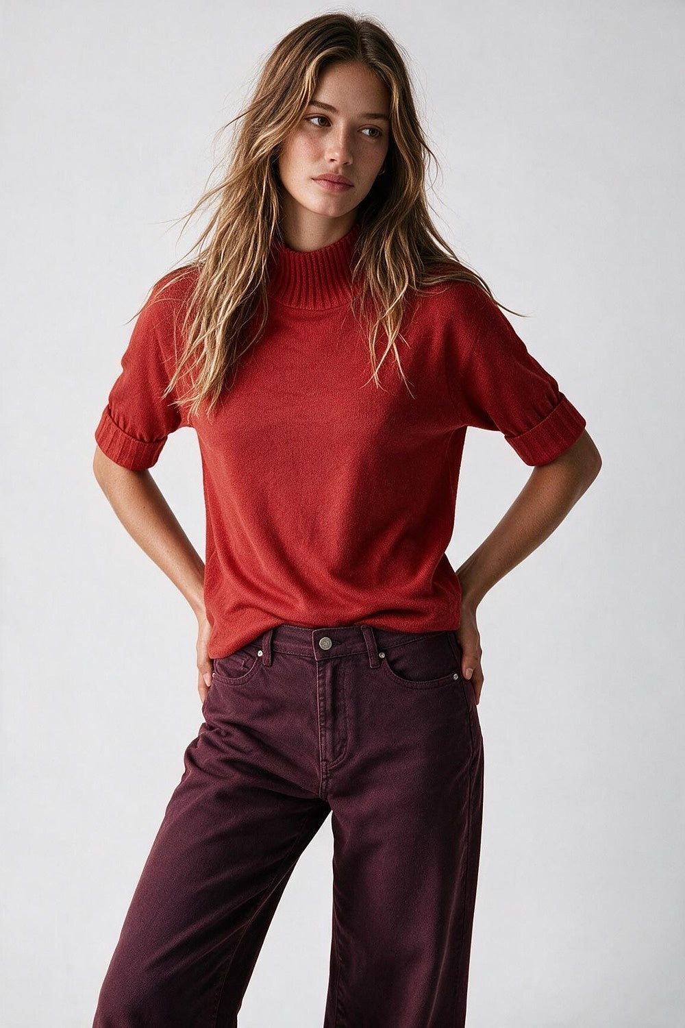 Red Ribbed warm Knit High Collar Sweater with elbow-length sleeve - Jumpers