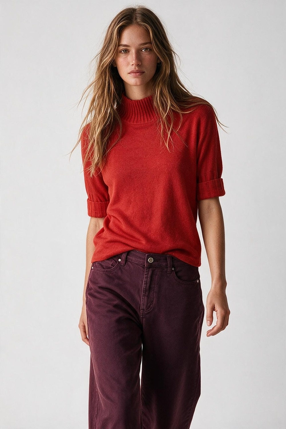 Red Ribbed warm Knit High Collar Sweater with elbow-length sleeve - Jumpers