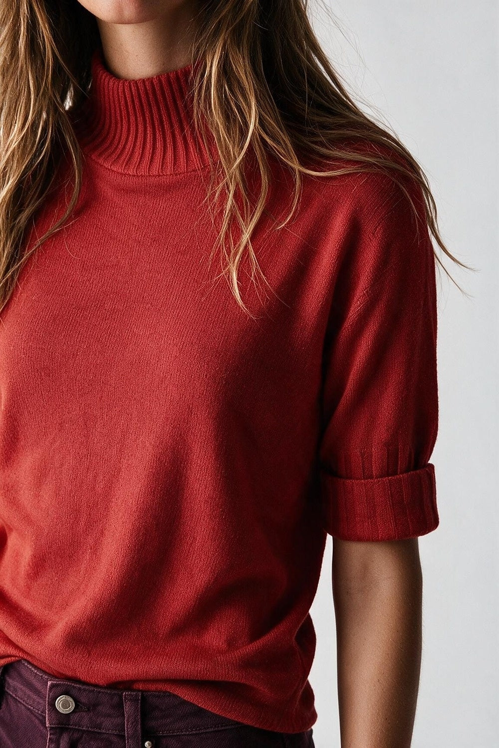 Red Ribbed warm Knit High Collar Sweater with elbow-length sleeve - Jumpers