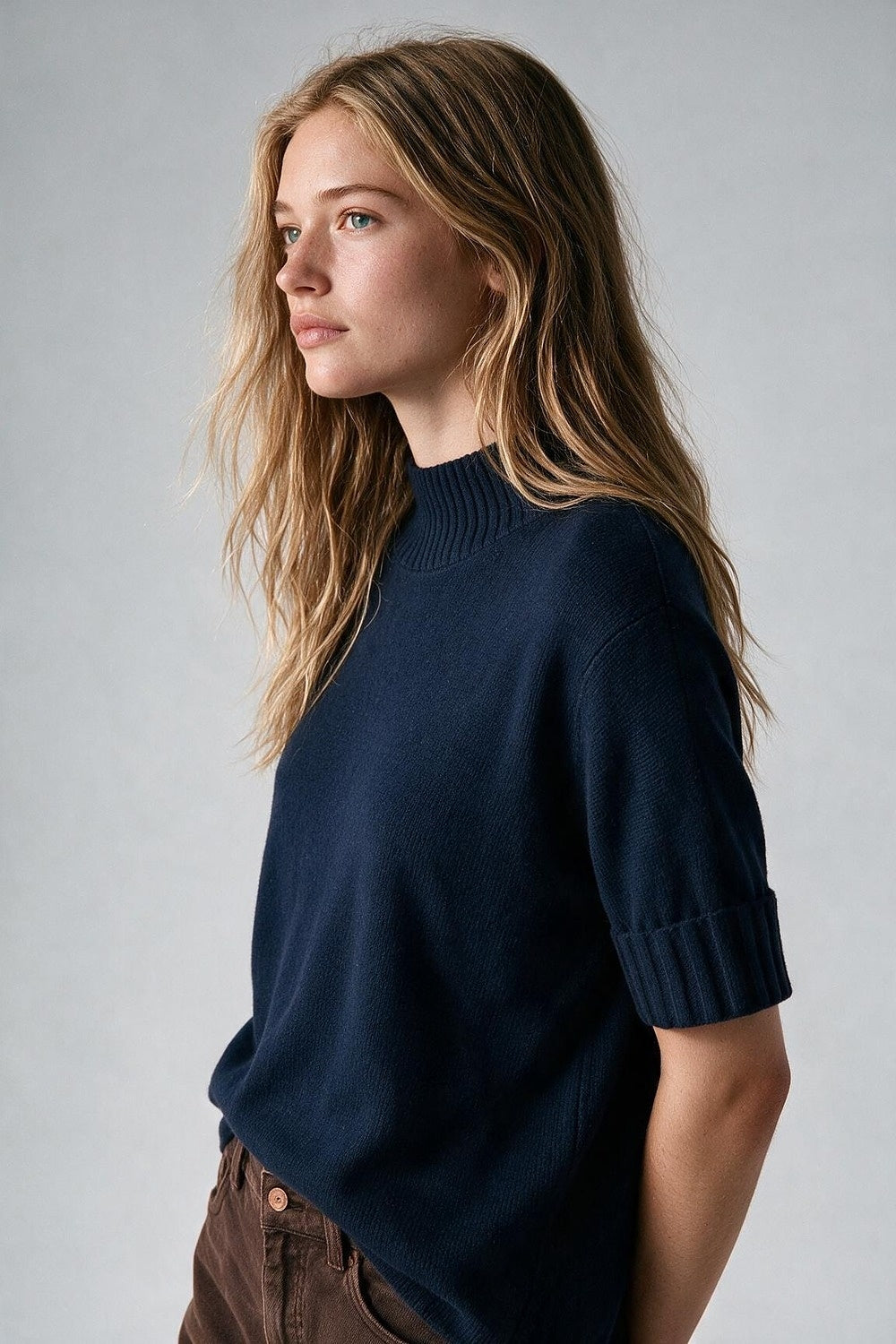 Navy chunky Ribbed knit High Collar Sweater with elbow-length sleeve - Jumpers