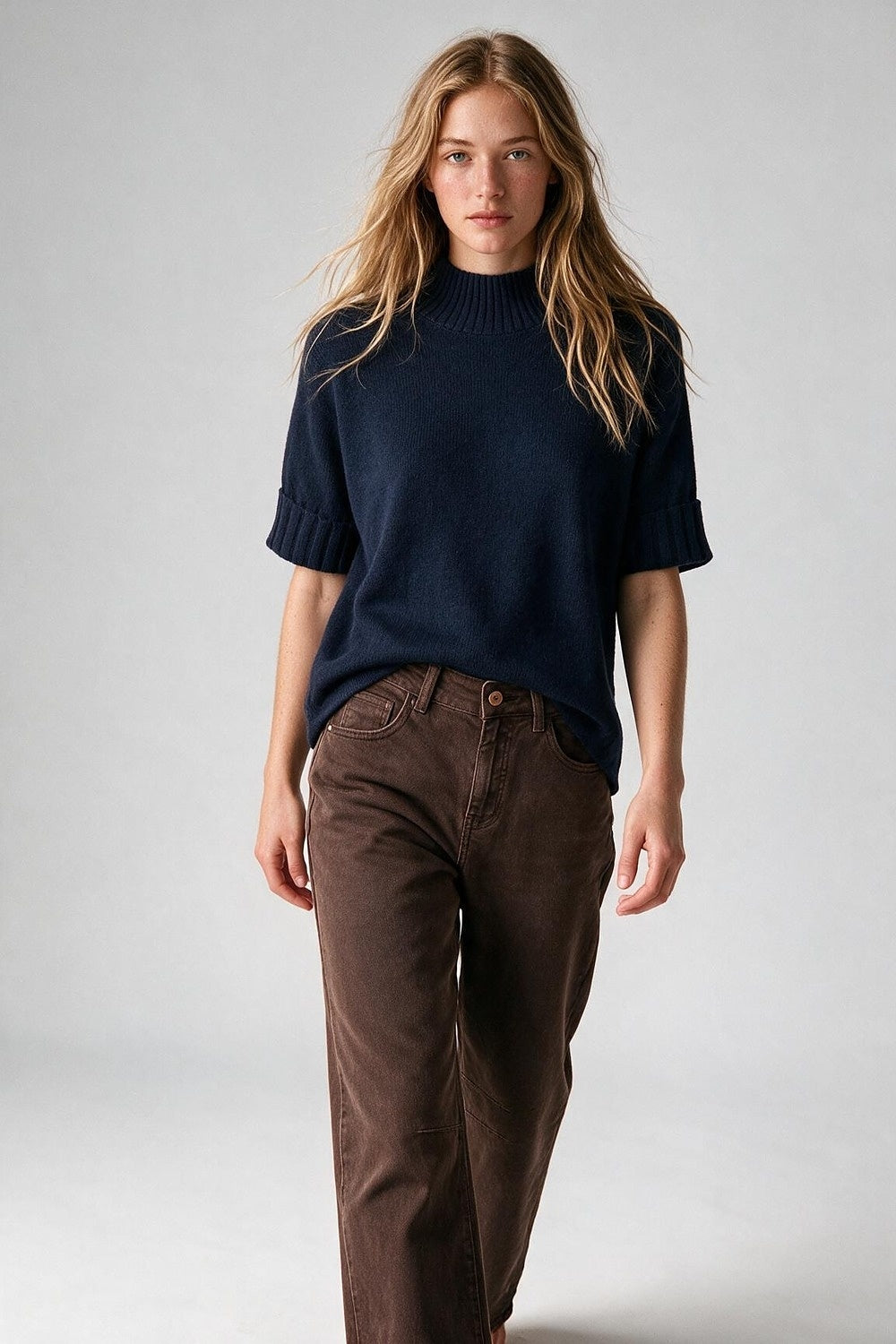 Navy chunky Ribbed knit High Collar Sweater with elbow-length sleeve - Jumpers