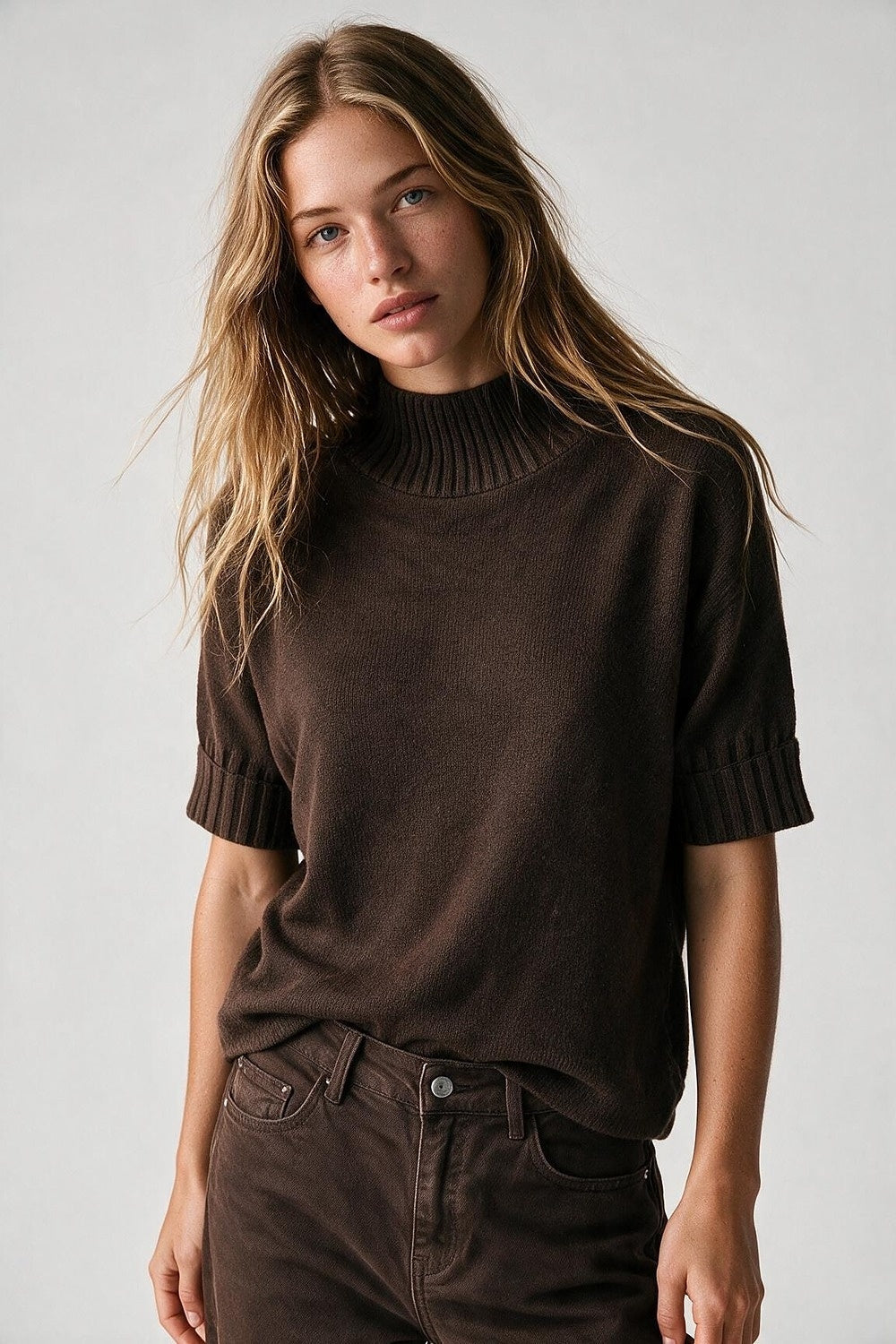 Brown chunky Ribbed Knit High Collar Sweater with elbow-length sleeve - Jumpers