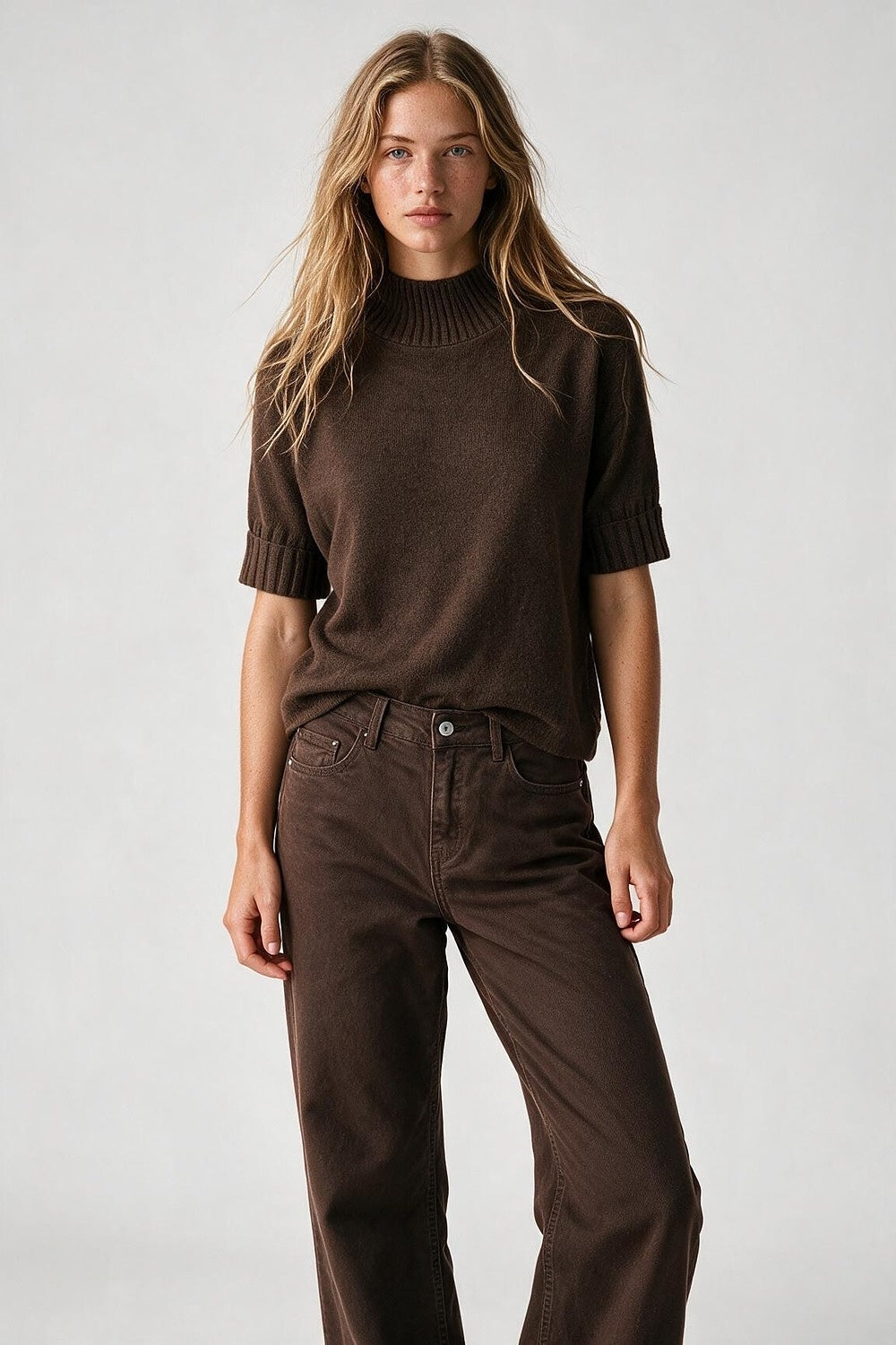 Brown chunky Ribbed Knit High Collar Sweater with elbow-length sleeve - Jumpers