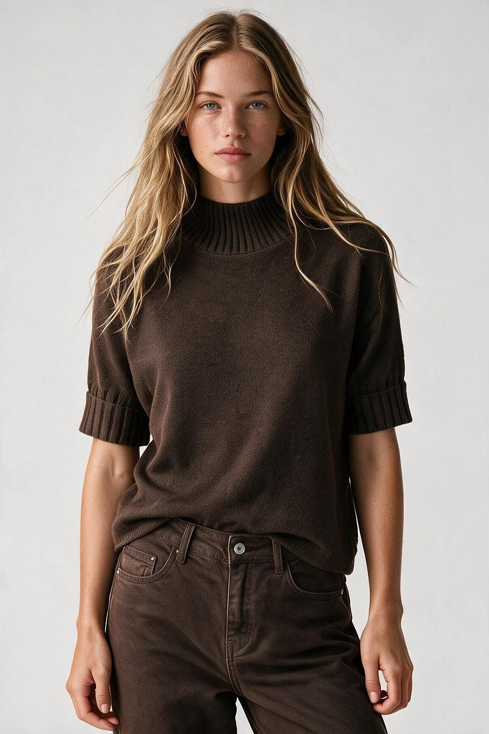 Brown chunky Ribbed Knit High Collar Sweater with elbow-length sleeve - Jumpers