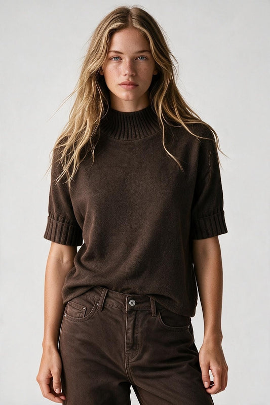 Brown chunky Ribbed Knit High Collar Sweater with elbow-length sleeve - Jumpers