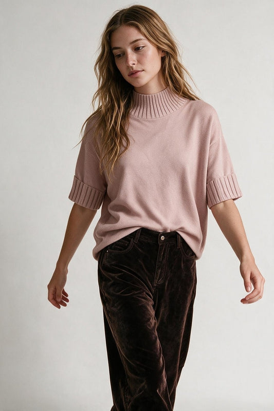 Pink chunky Knit Ribbed High Collar Relaxed Fit Sweater with elbow-length sleeve - Jumpers