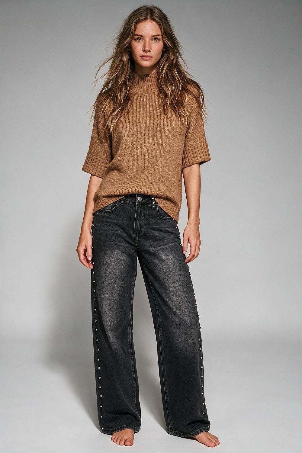 Camel chunky Ribbed knit High Collar Sweater with elbow-length sleeve - Jumpers