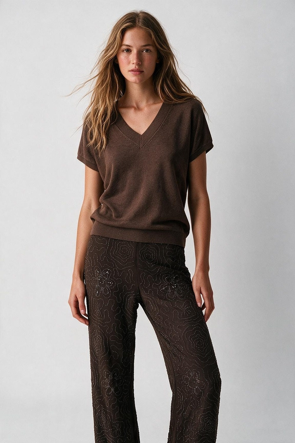 Brown Fine-Knit V-Neck Sweater with Short Dolman Drop-Shoulder Sleeves - Tops