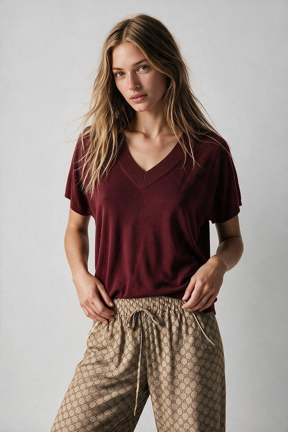Burgundy Fine-Knit V-Neck Sweater with Short Dolman Drop-Shoulder Sleeves - Tops