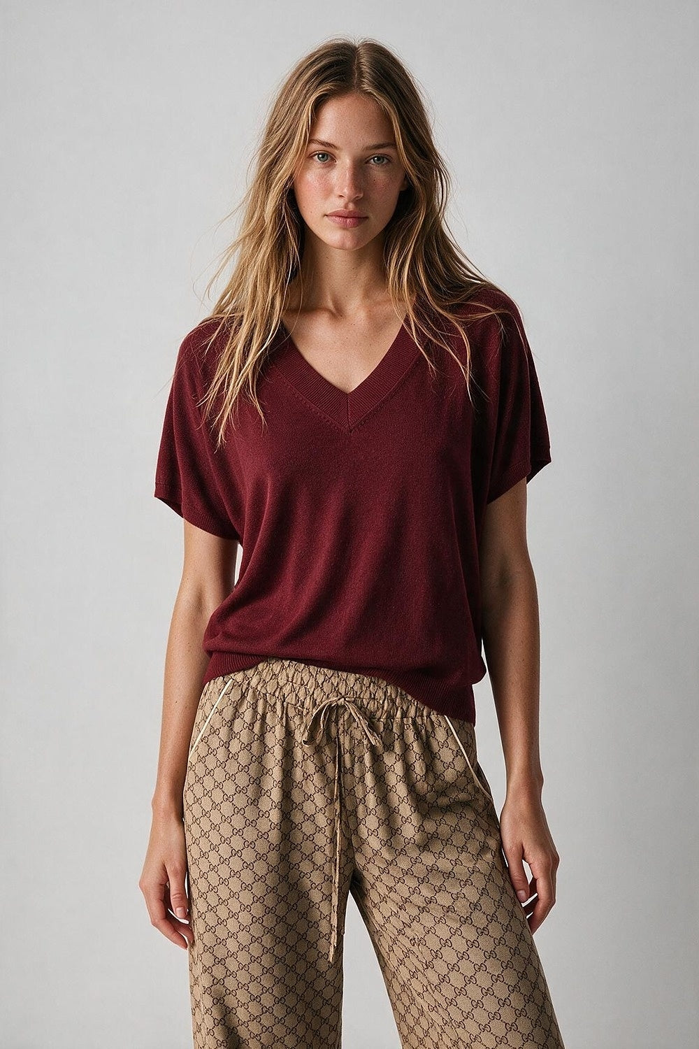 Burgundy Fine-Knit V-Neck Sweater with Short Dolman Drop-Shoulder Sleeves - Tops