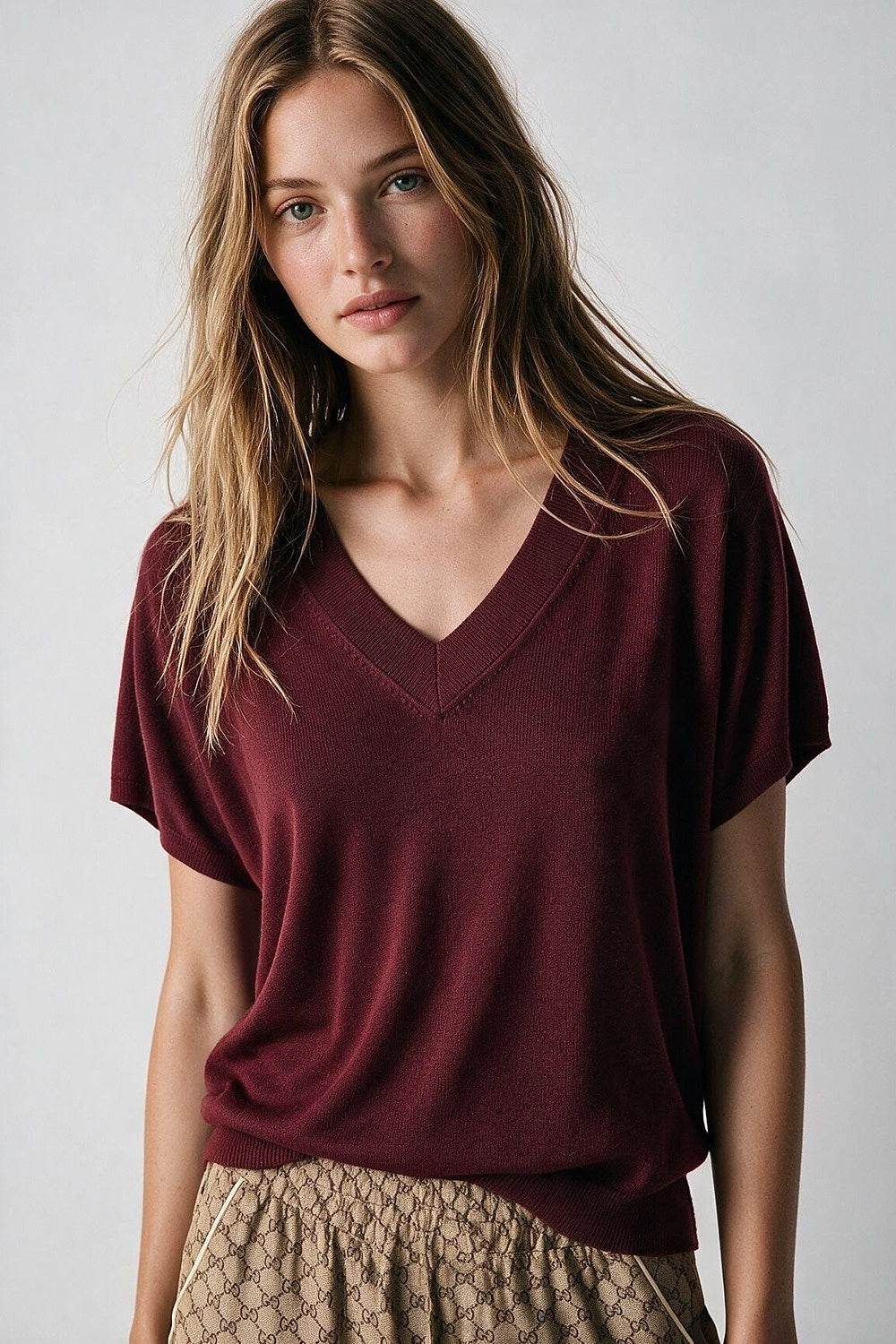 Burgundy Fine-Knit V-Neck Sweater with Short Dolman Drop-Shoulder Sleeves - Tops