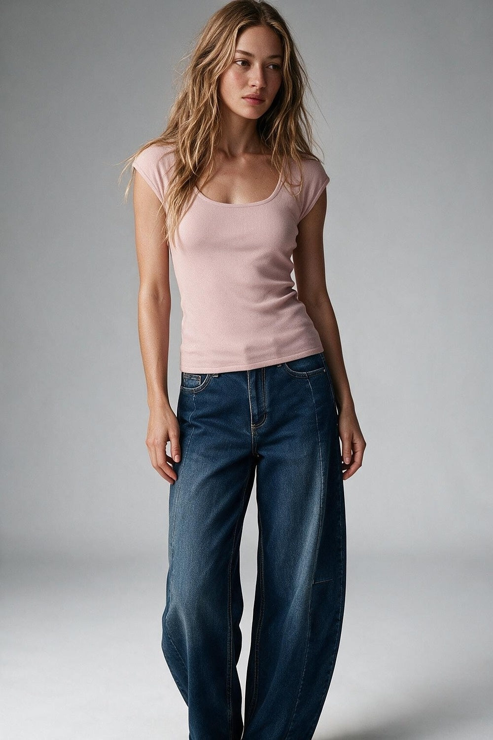 Pink Square Neck Fine-Knit sweater with Cap Sleeves - Tops
