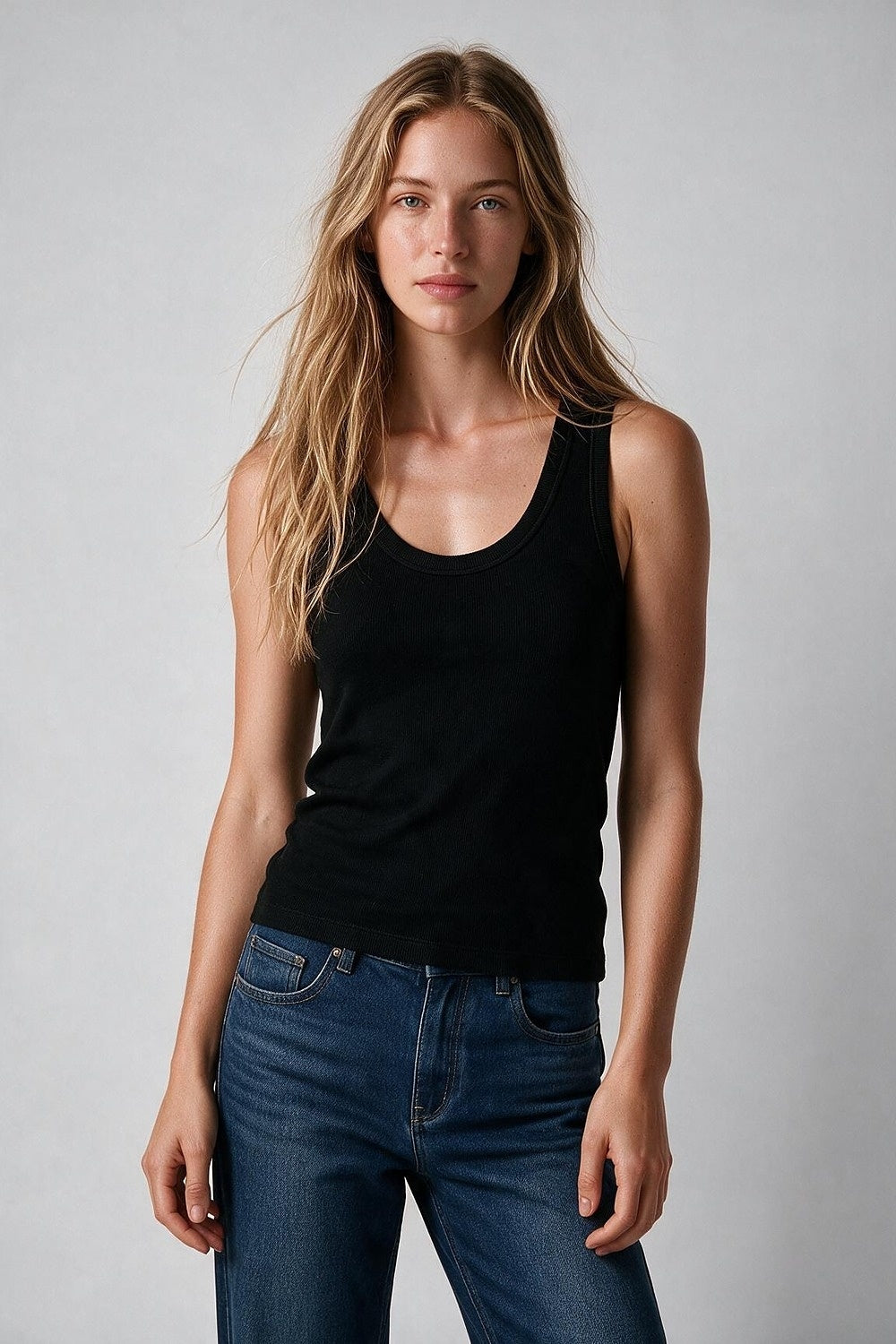 Black Fine-Rib Knit Scoop Neck Sleeveless sweater with Wide Straps - Tops