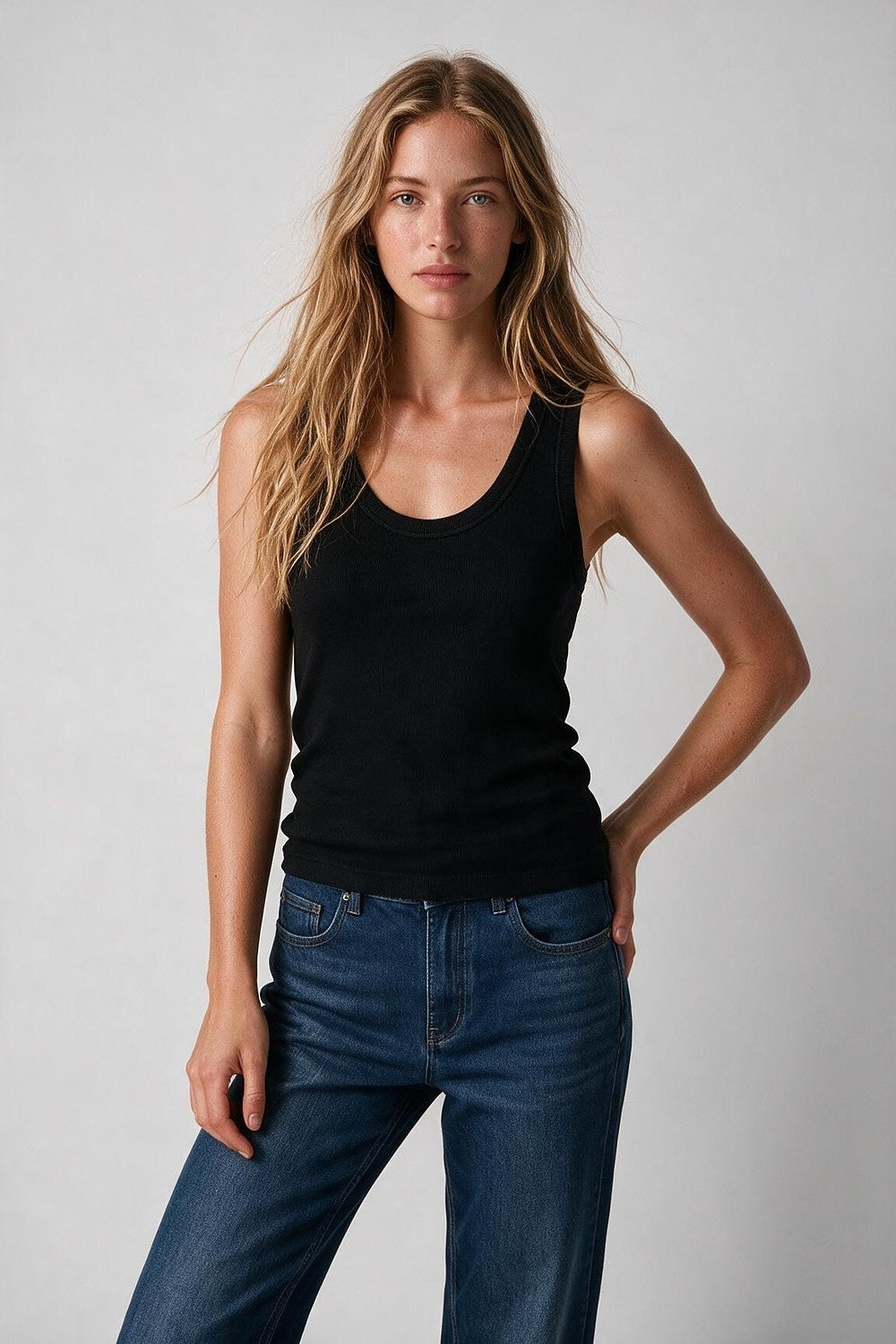 Black Fine-Rib Knit Scoop Neck Sleeveless sweater with Wide Straps - Tops
