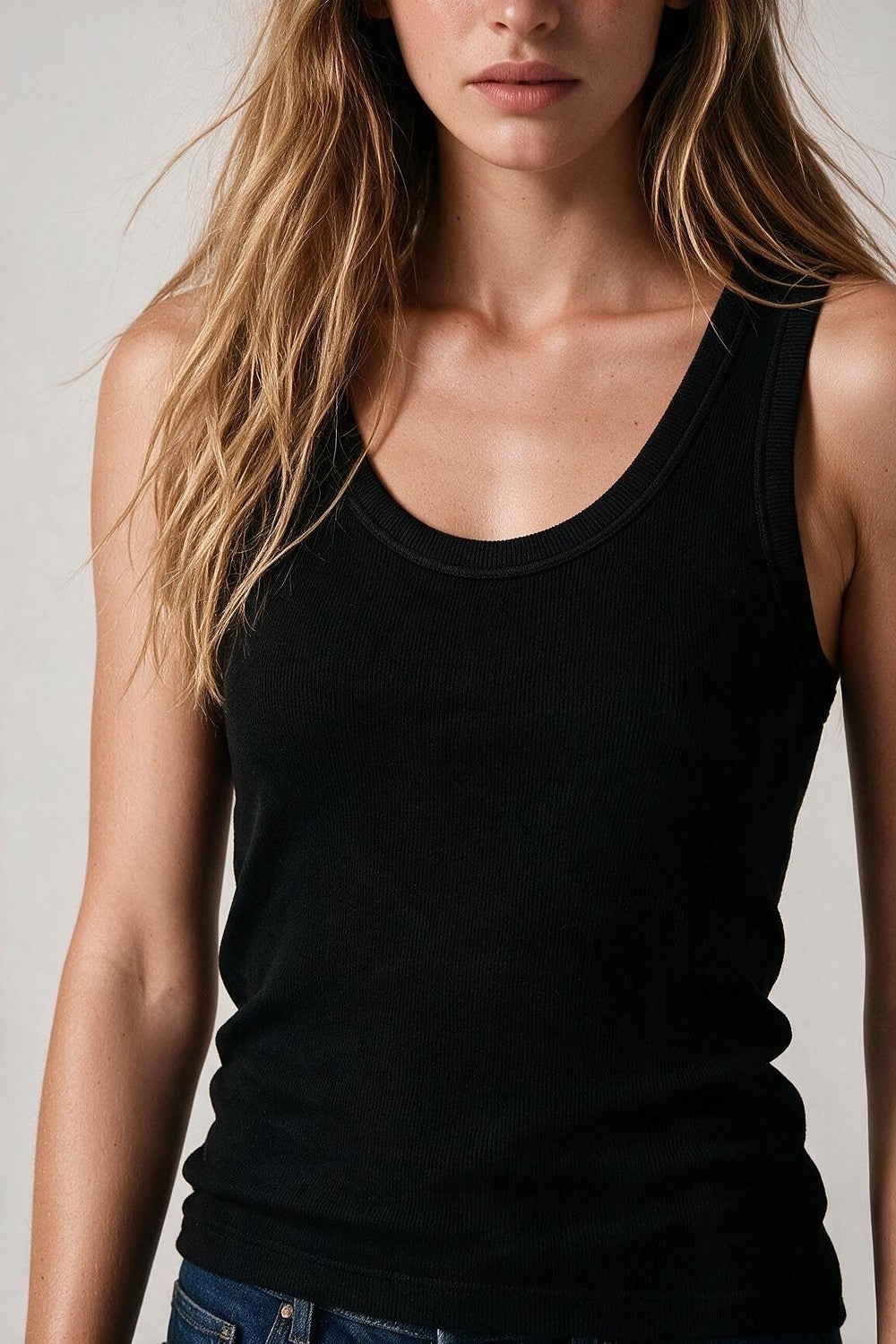 Black Fine-Rib Knit Scoop Neck Sleeveless sweater with Wide Straps - Tops