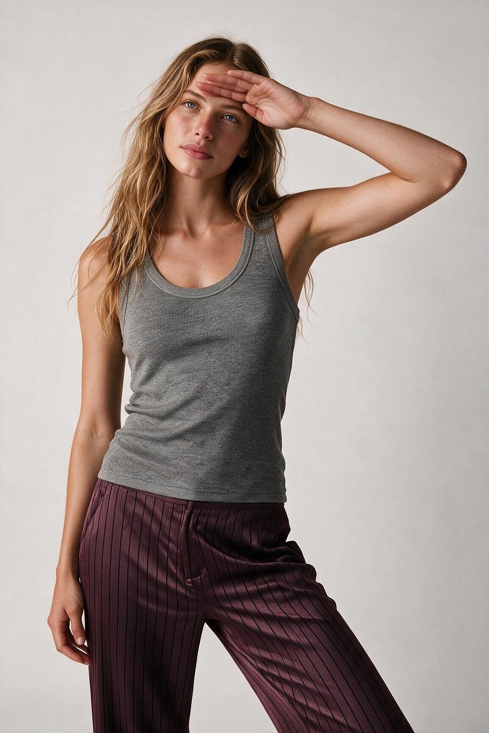 Grey Fine-Rib Knit Scoop Neck Sleeveless Top with Wide Straps - Tops