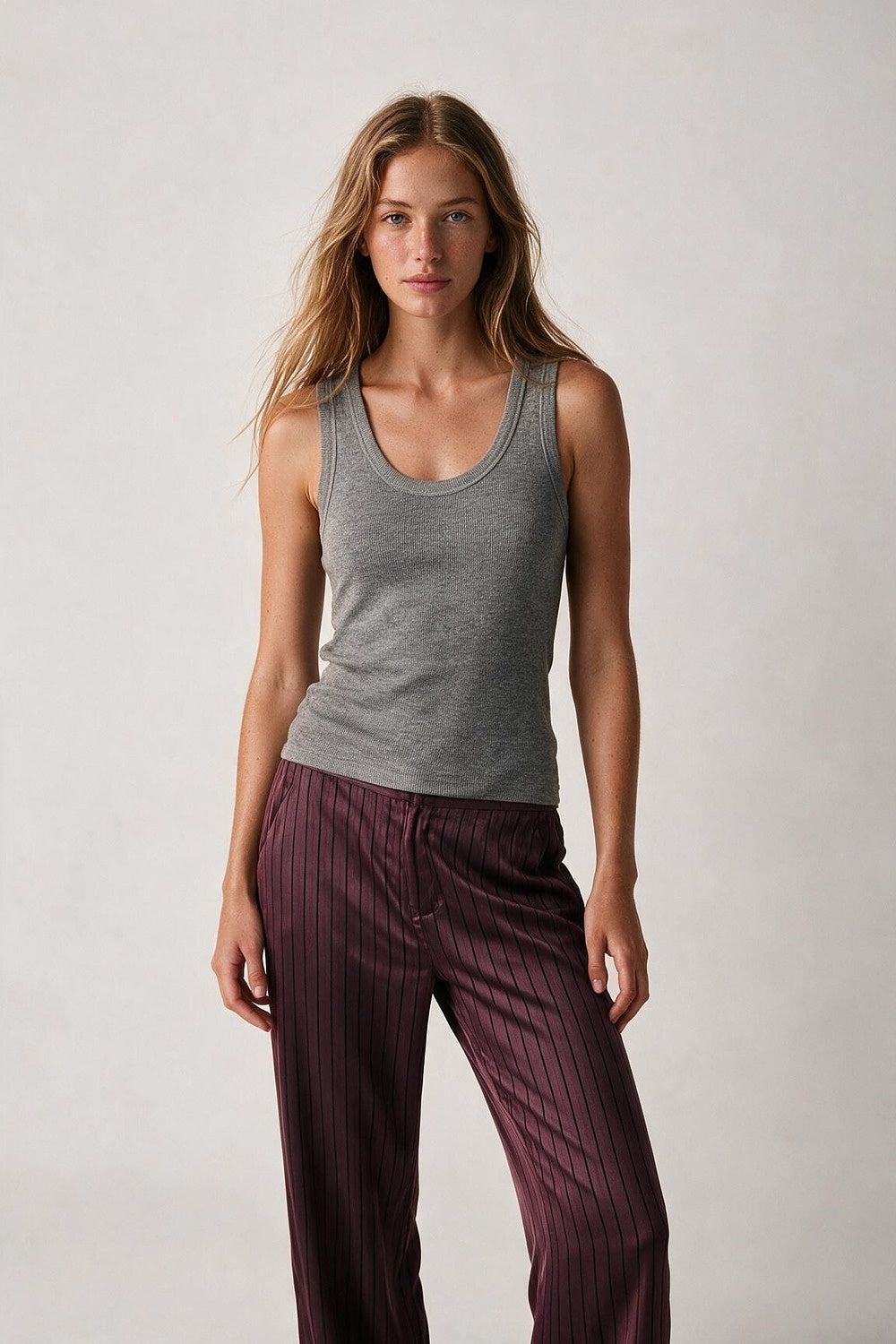 Grey Fine-Rib Knit Scoop Neck Sleeveless Top with Wide Straps - Tops