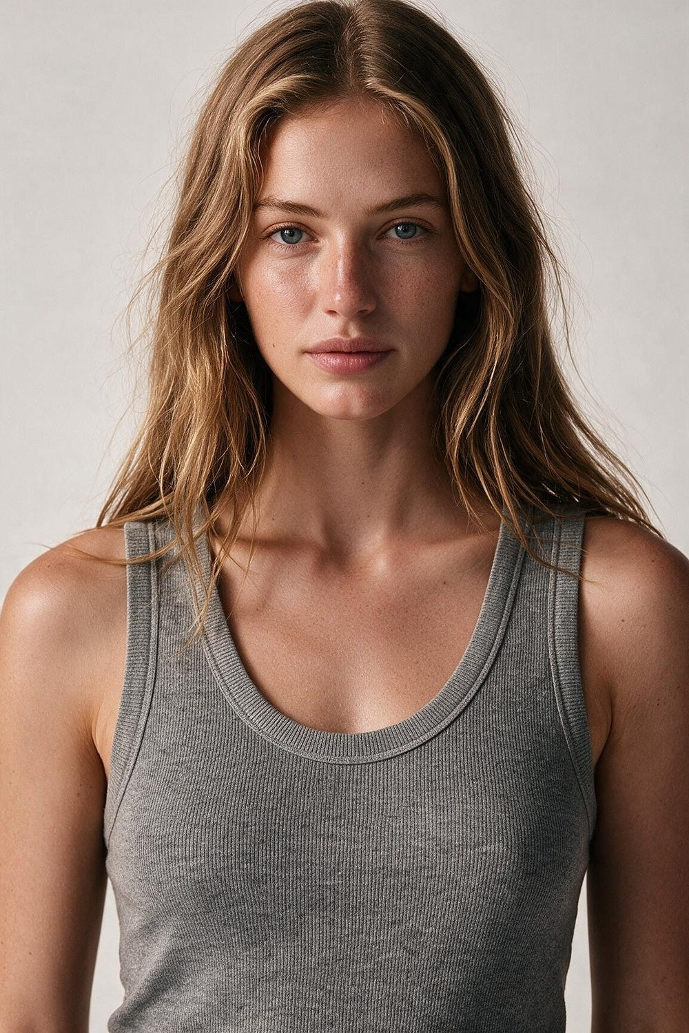 Grey Fine-Rib Knit Scoop Neck Sleeveless Top with Wide Straps - Tops