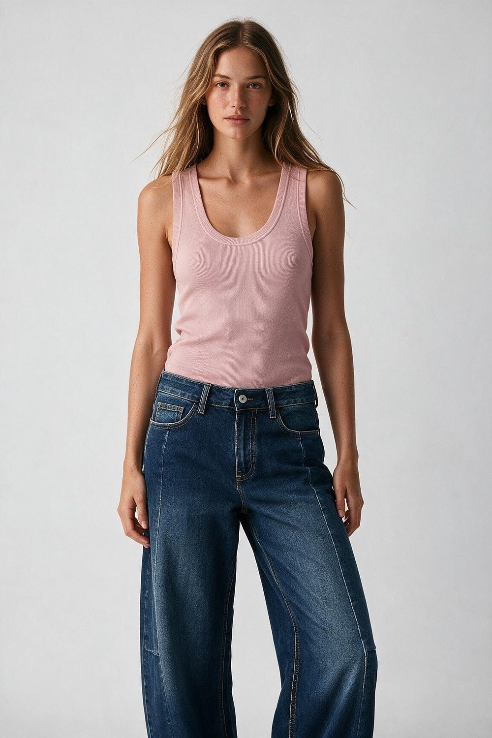Pink Fine-Rib Knit Scoop Neck Sleeveless sweater with Wide Straps - Tops