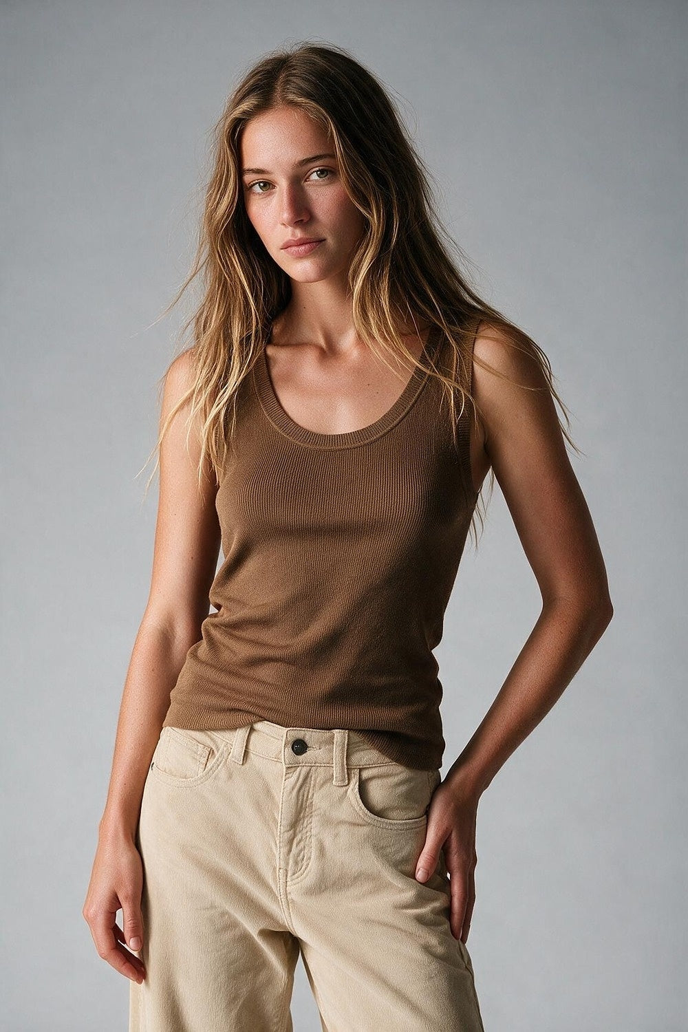 Camel Fine-Rib Knit Scoop Neck Sleeveless sweater with Wide Straps