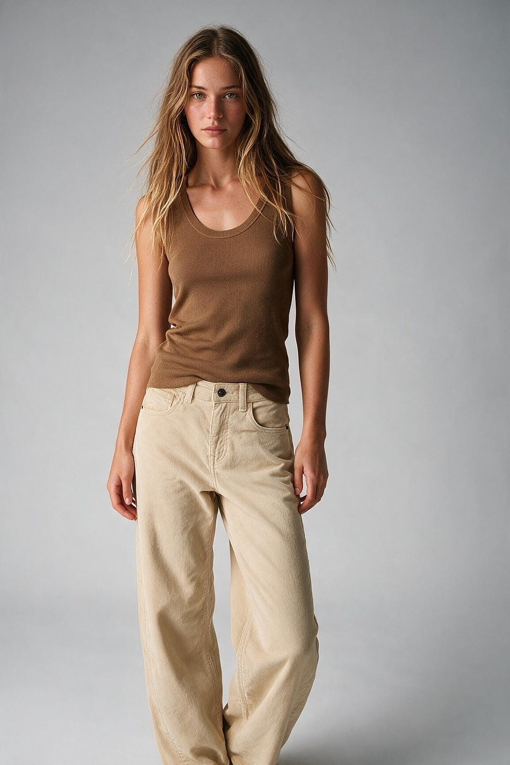 Camel Fine-Rib Knit Scoop Neck Sleeveless sweater with Wide Straps - Tops