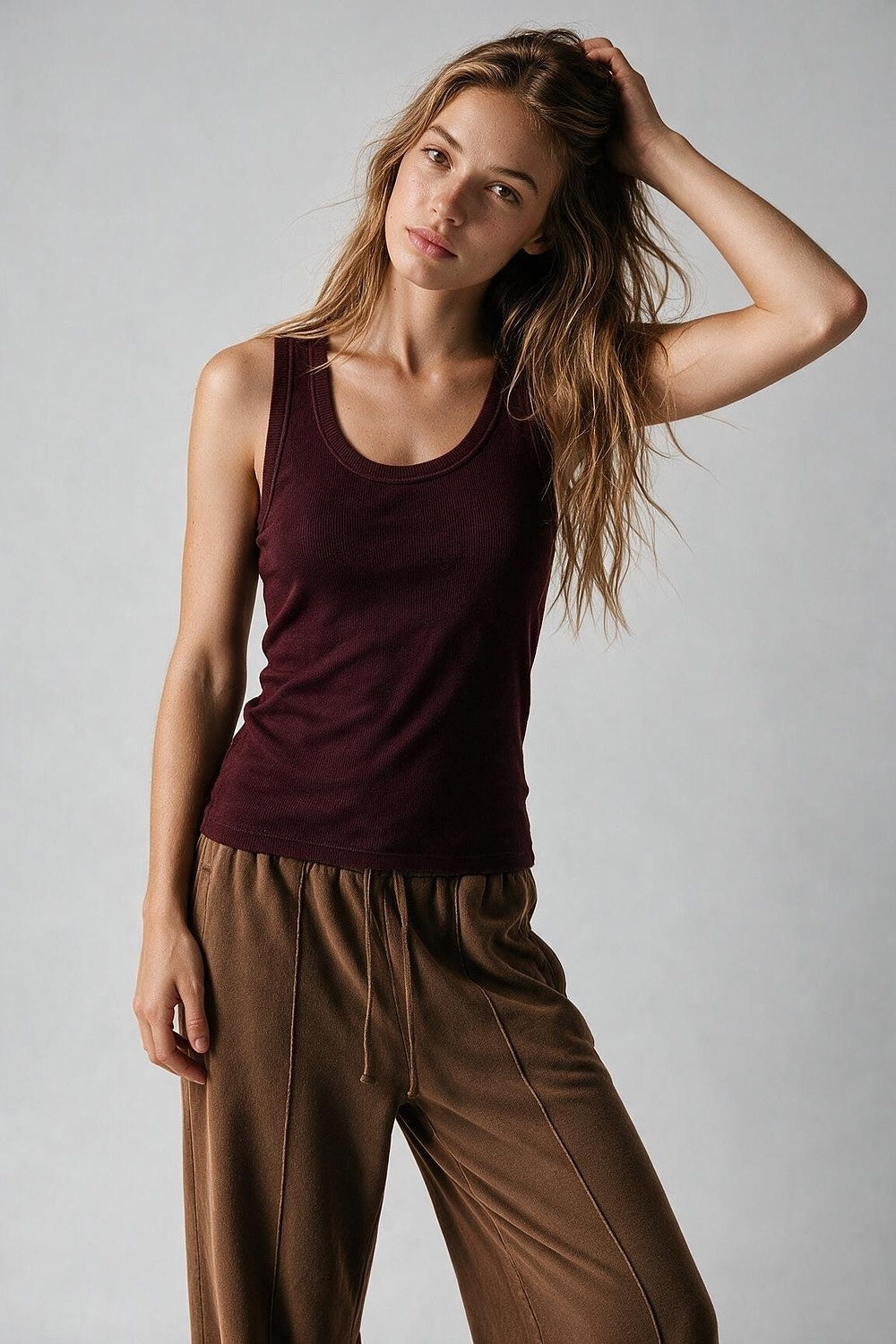 Burgundy Fine-Rib Knit Scoop Neck Sleeveless sweater with Wide Straps