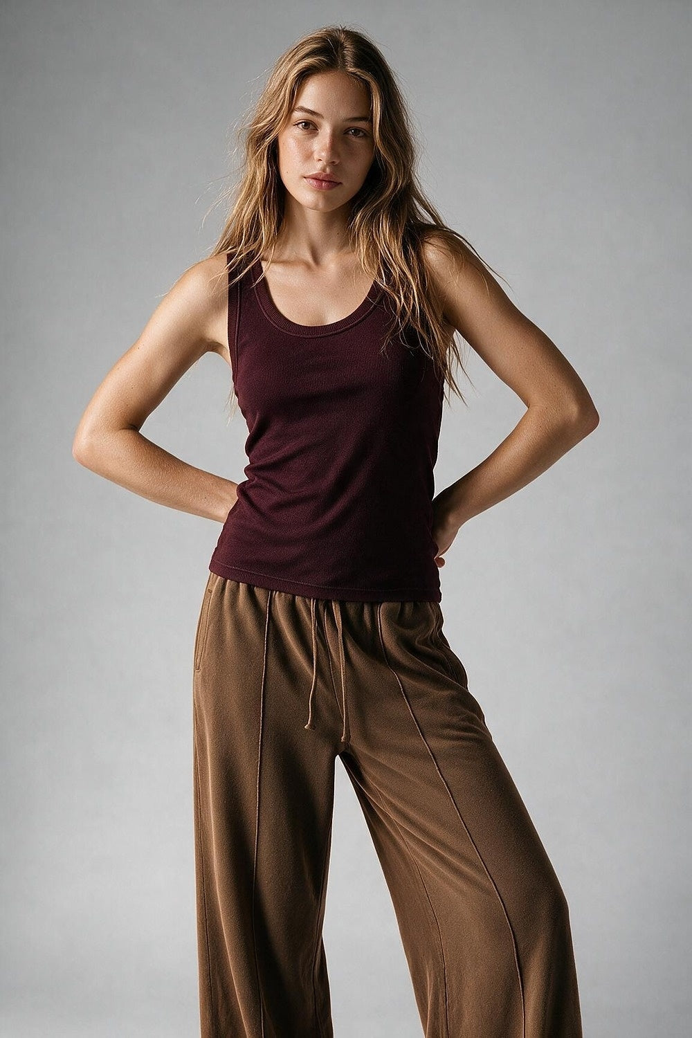 Burgundy Fine-Rib Knit Scoop Neck Sleeveless sweater with Wide Straps - Tops