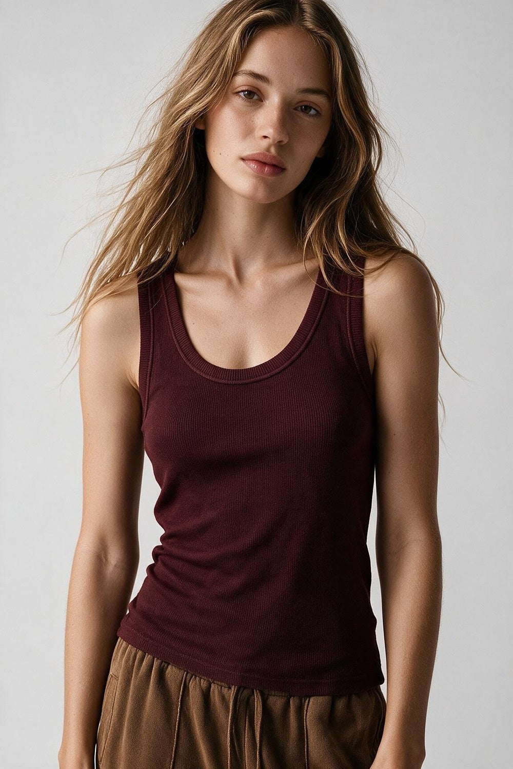 Burgundy Fine-Rib Knit Scoop Neck Sleeveless sweater with Wide Straps - Tops